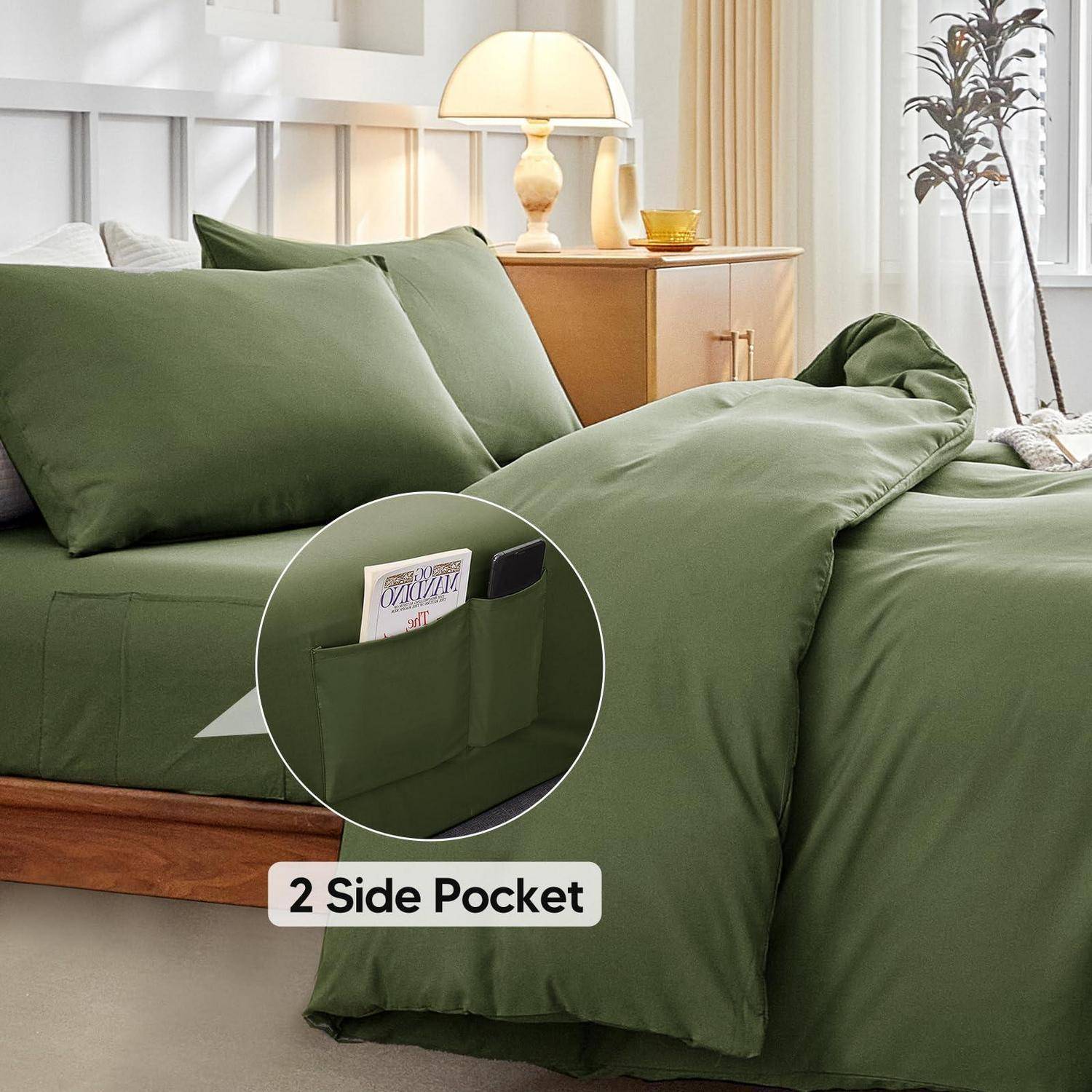 Grünes Bett mit eingebauter Seitentasche am Bettzeug, shown in einem Schlafzimmer, beschriftet '2 Seitentasche'.