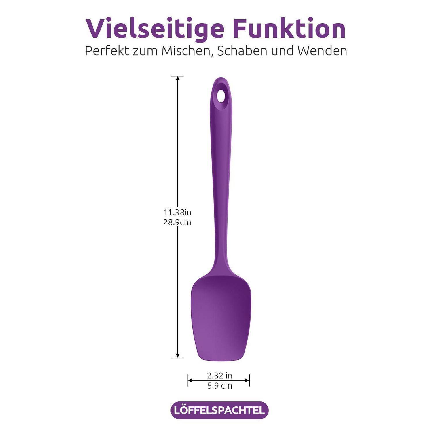 Violetter Spatel mit der Bezeichnung 'LÖFFELSPACHTEL' und deutschem Text 'Vielseitige Funktion' und 'Perfekt zum Mischen, Schaben und Wenden'; gezeigt mit Abmessungen 11,38 Zoll Höhe und 2,32 Zoll Breite.