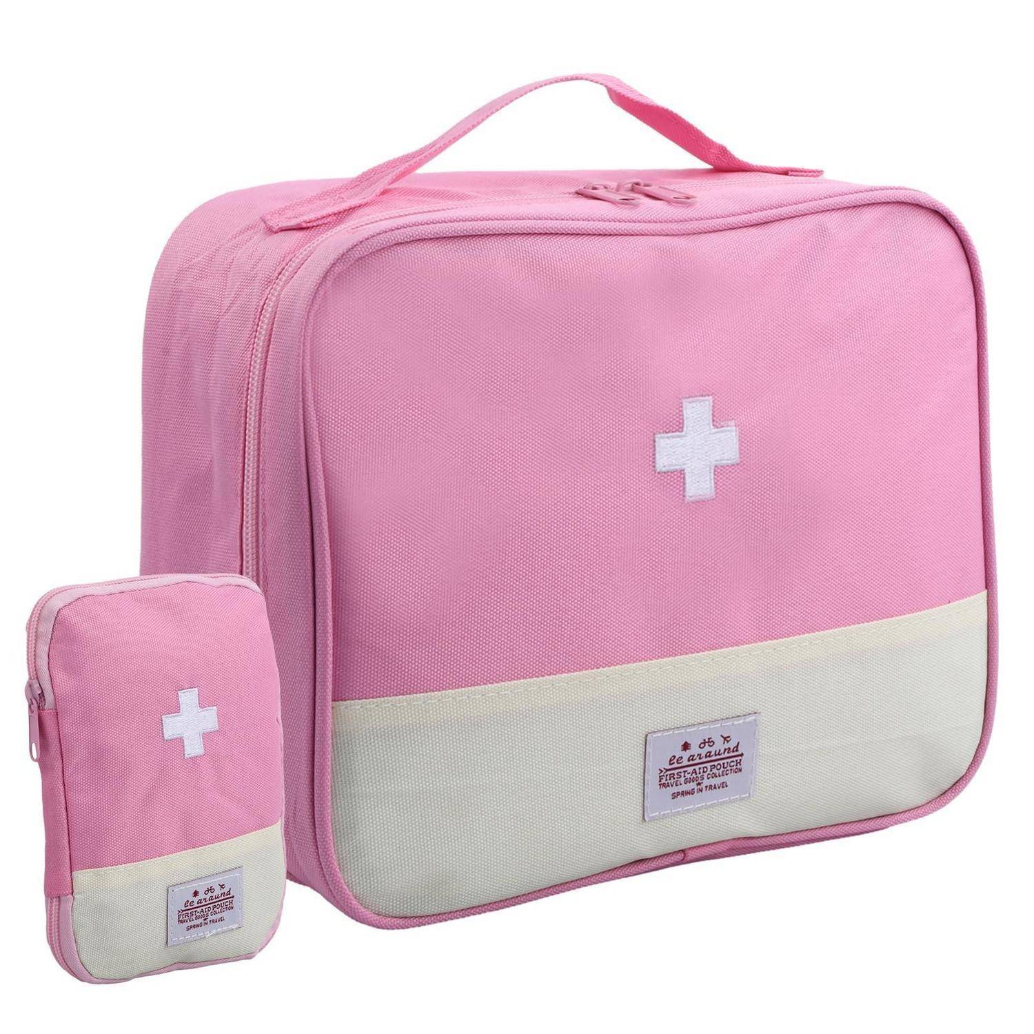 Pinker Erste-Hilfe-Taschensatz: große Tragetasche mit Reißverschluss und passendes kleines Täschchen, jeweils mit weißem Sanitätskreuz gekennzeichnet.