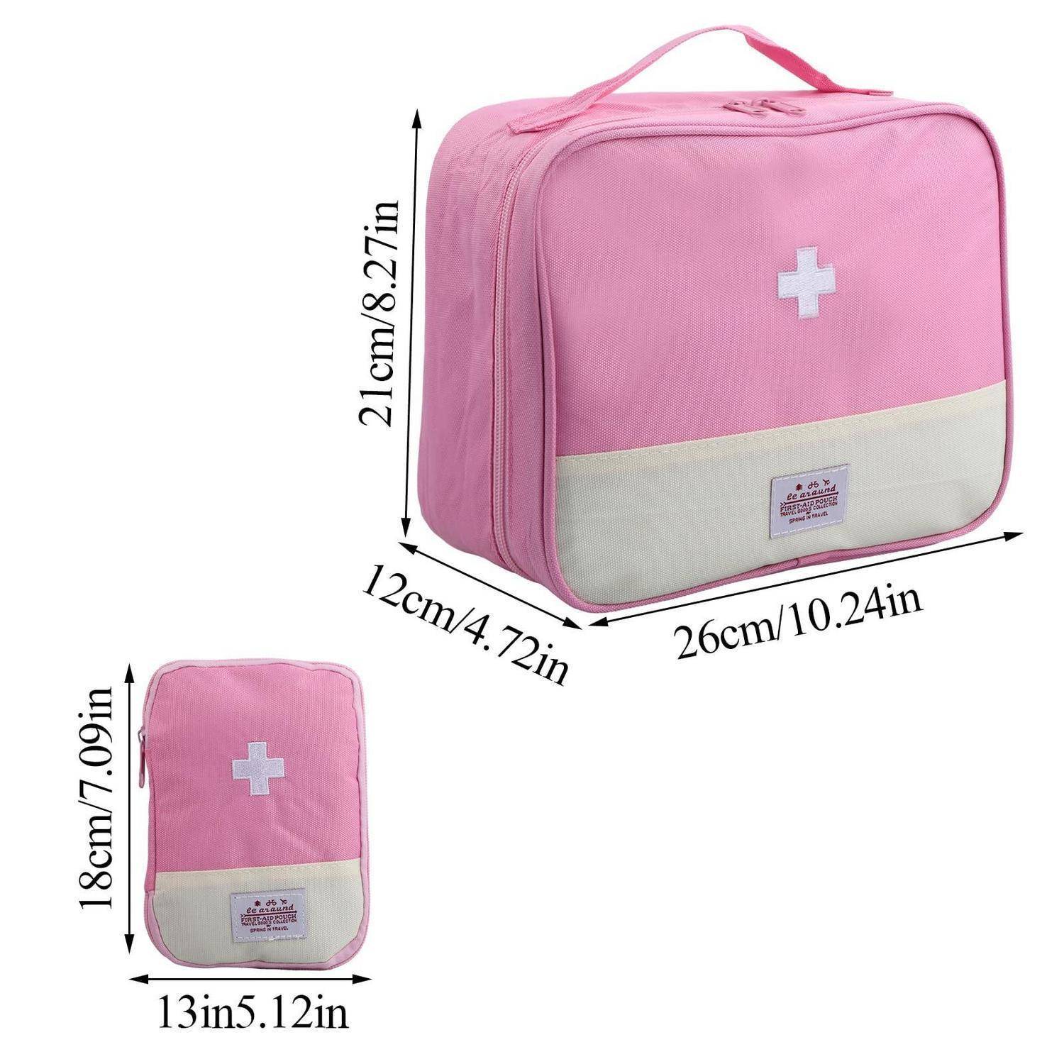 Rosa Erste-Hilfe-Tasche mit Abmessungen von 26 x 21 x 12 cm und einer kleineren Ansicht von 13 x 18 cm; weist ein weißes Kreuz auf der Vorderseite auf.