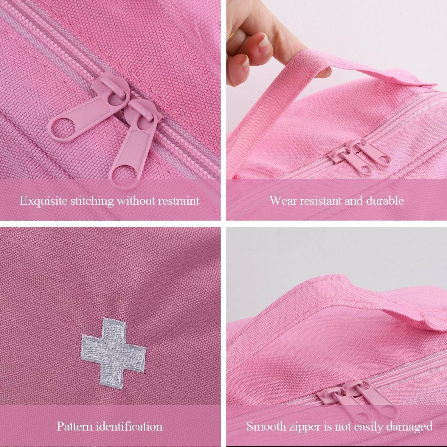 Vierteiliges Produktdetail einer rosa Tasche mit Reißverschluss, das doppelte Reißverschlüsse, verstärkte Nähte, einen Querflicken und glatte, strapazierfähiges Gewebe zeigt.