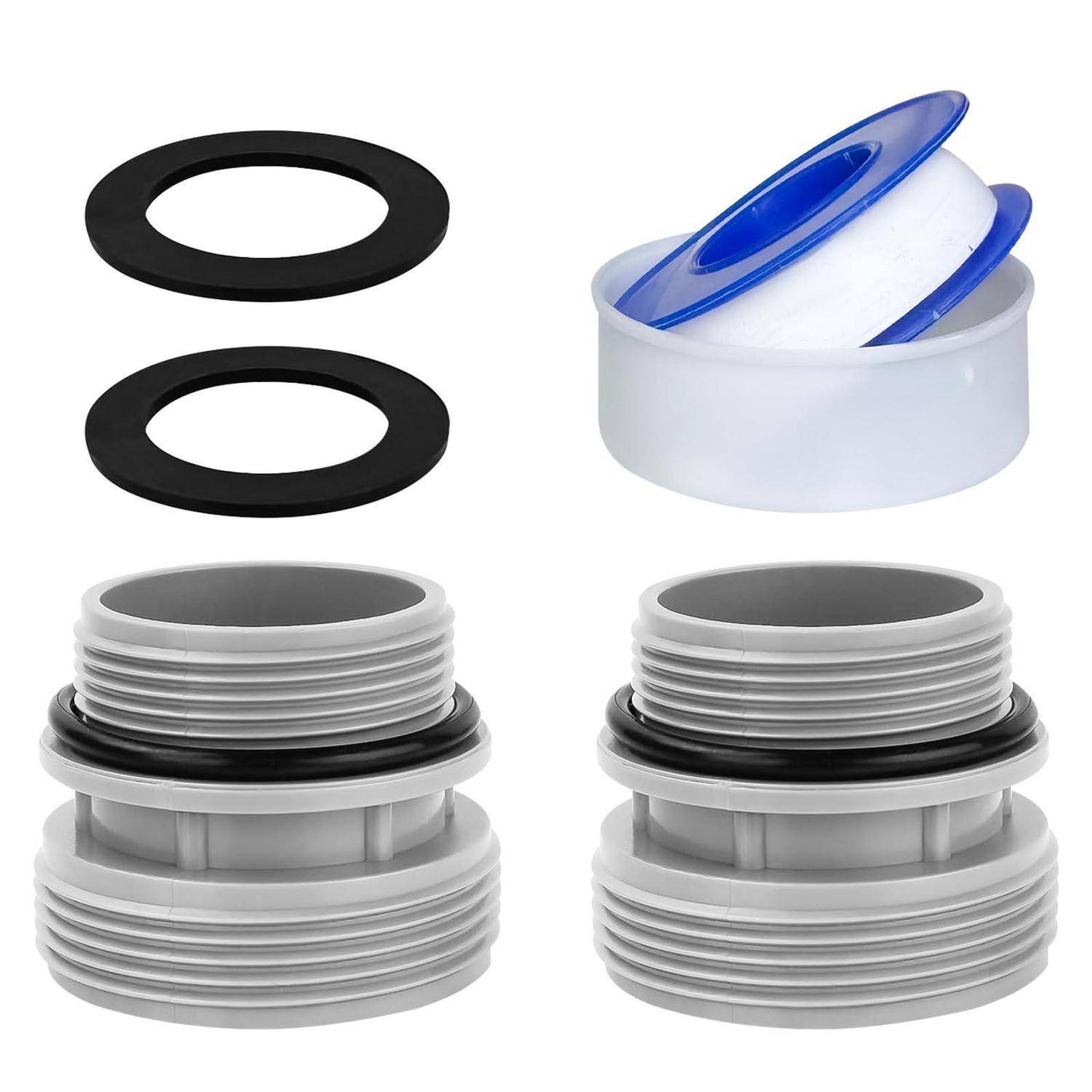 Produktbild mit Sanitäradapterteilen: zwei schwarze O-Ringe, eine weiß-blaue PTFE-Teflonband-Rolle und zwei gewinde Kunststoffverschraubungen.