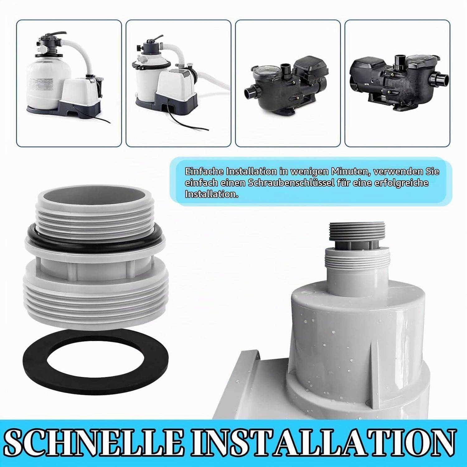 # Infografik: Pumpendapter in Poolfilter installiert, mit vier kleinen Einrichtungsfotos und deutschem Text mit „Schnelle Installation