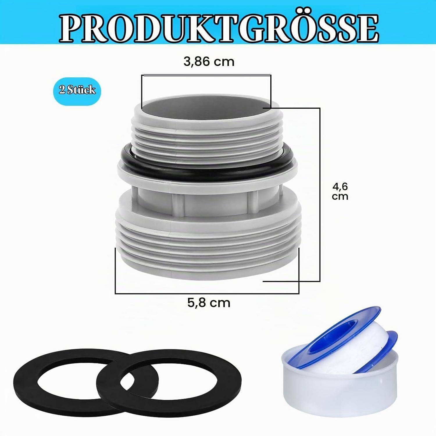 Produktgrößendiagramm mit einer gewindefähigen grauen Verschraubung, gekennzeichnet 3,86 cm breit und 4,6 cm hoch, mit zwei schwarzen Dichtungsringen und einer blau-weißen Kappe.