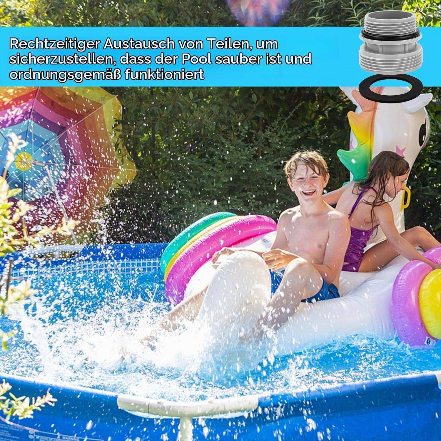Kinder fahren auf einem bunten aufblasbaren Einhorn in einem Pool im Hinterhof, während Wasser spritzt; der deutsche Text sagt, dass rechtzeitiger Ersatzteilwechsel den Pool sauber und funktionsfähig hält.