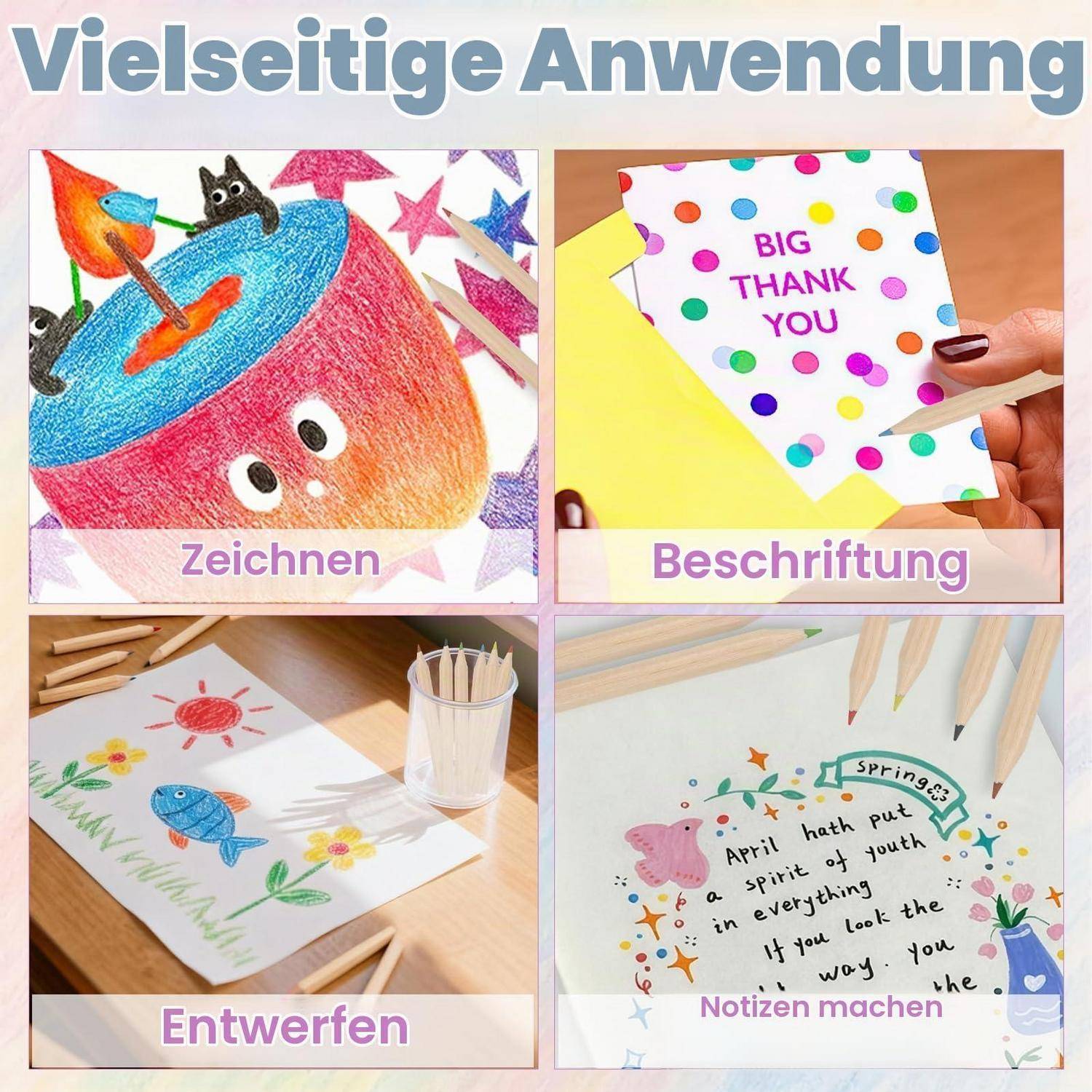 Collage mit dem Titel „Vielseitige Anwendung" zeigt vier Verwendungszwecke von Buntstiften: Zeichnen, Beschriften, Gestalten und Notizen machen.