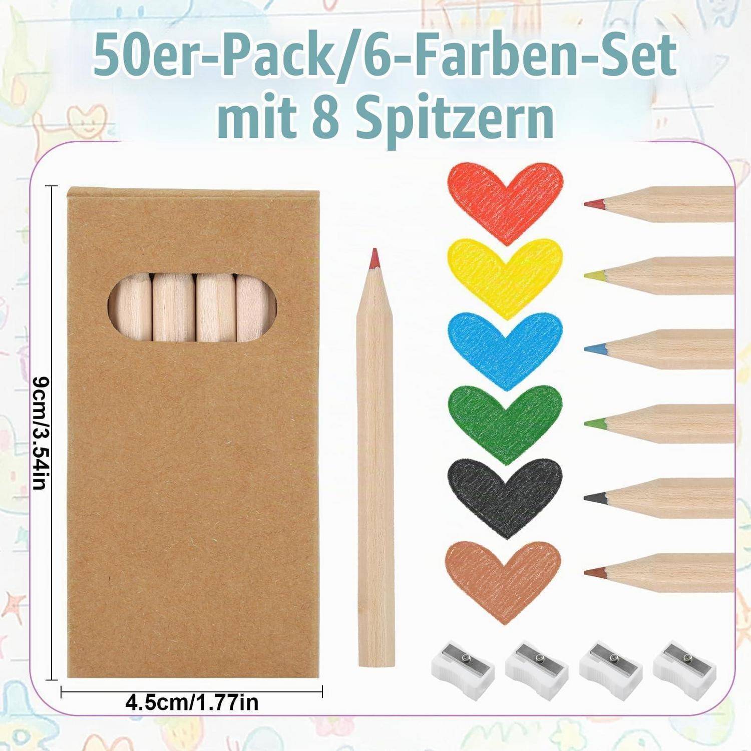 Produktbild eines 50er-Pack-Bleistiftsatzes in 6 Farben mit 8 Spitzern, das eine Kraftbox, einen Bleistift und farbige Herzspit zen zeigt.