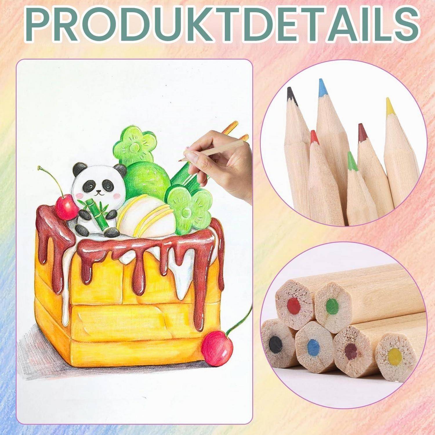 Produktdetailbild, das ein Kind zeigt, das einen Kuchen mit Panda-Topping ausmalt, mit Nahaufnahmen der Buntstiftzitzen und der Stiftenden.