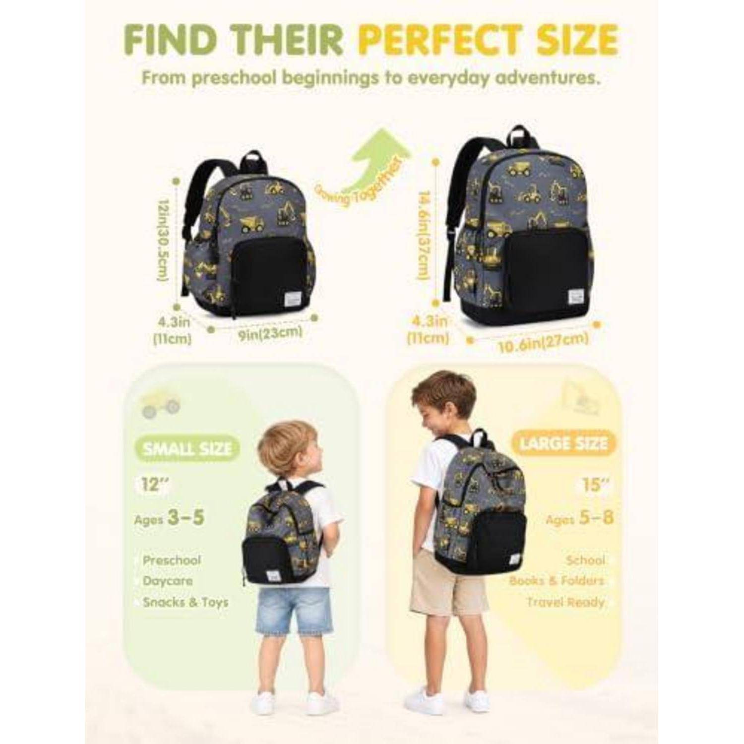Größenleitfaden für einen Kinderrucksack mit kleinen und großen Versionen mit Abmessungen und Altersspannen: Kleine Größe 12" für Alter 3–5, große Größe 15"" für Alter 5–8.