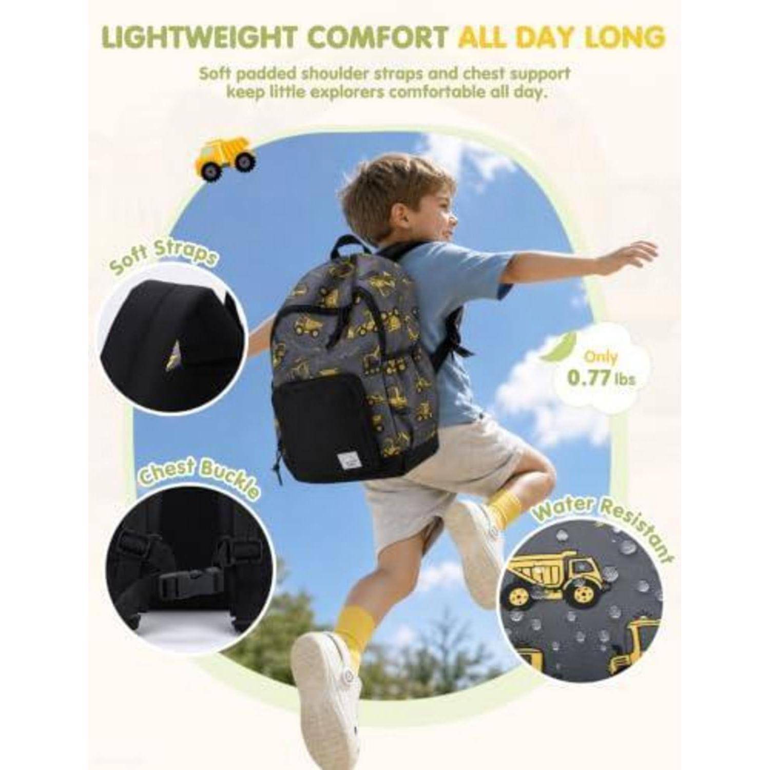Anzeige, die ein Kind zeigt, das einen leichten Rucksack mit weichen Trägern, Brustschnalle und wasserabweisendem Stoff trägt; der Text besagt „LEICHTER KOMFORT DEN GANZEN TAG ÜBER" und „Nur 0,77 kg"".
