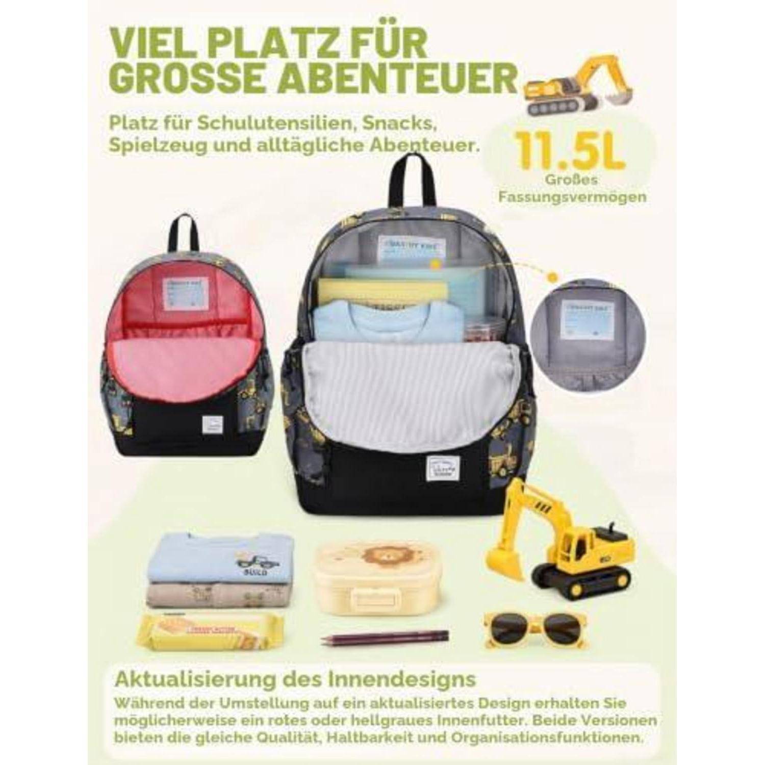 Produktanzeige mit einem Rucksack mit großem Stauraum, gekennzeichnet mit „11,5 L", das Fächer für Schulbedarf, Snacks und Spielzeug zeigt; aktualisierte Notizen zum Innendesign unten.