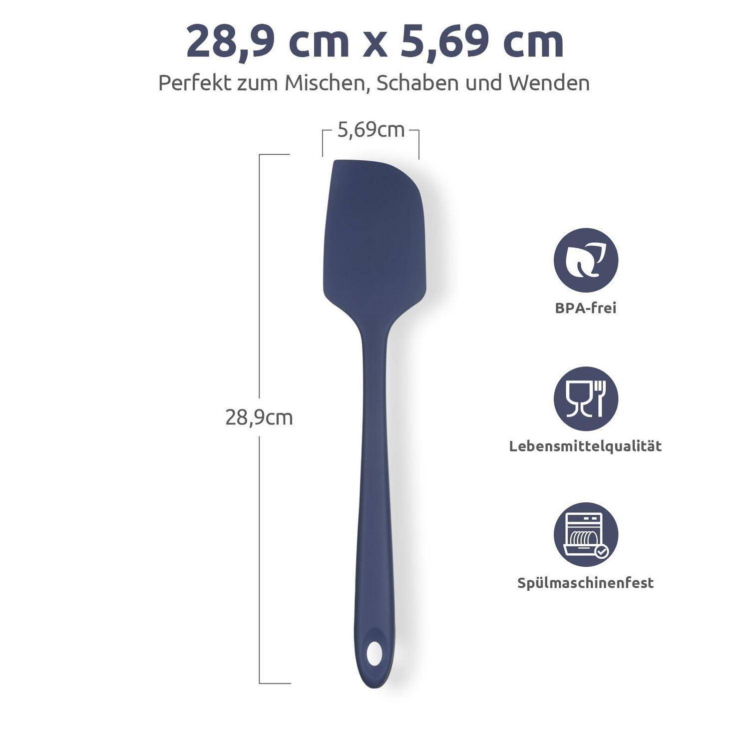 Blaue Spatel-Illustration mit den Abmessungen 28,9 cm x 5,69 cm und den Beschriftungen 'BPA-frei', 'Lebensmittelqualität', 'Spülmaschinenfest'.