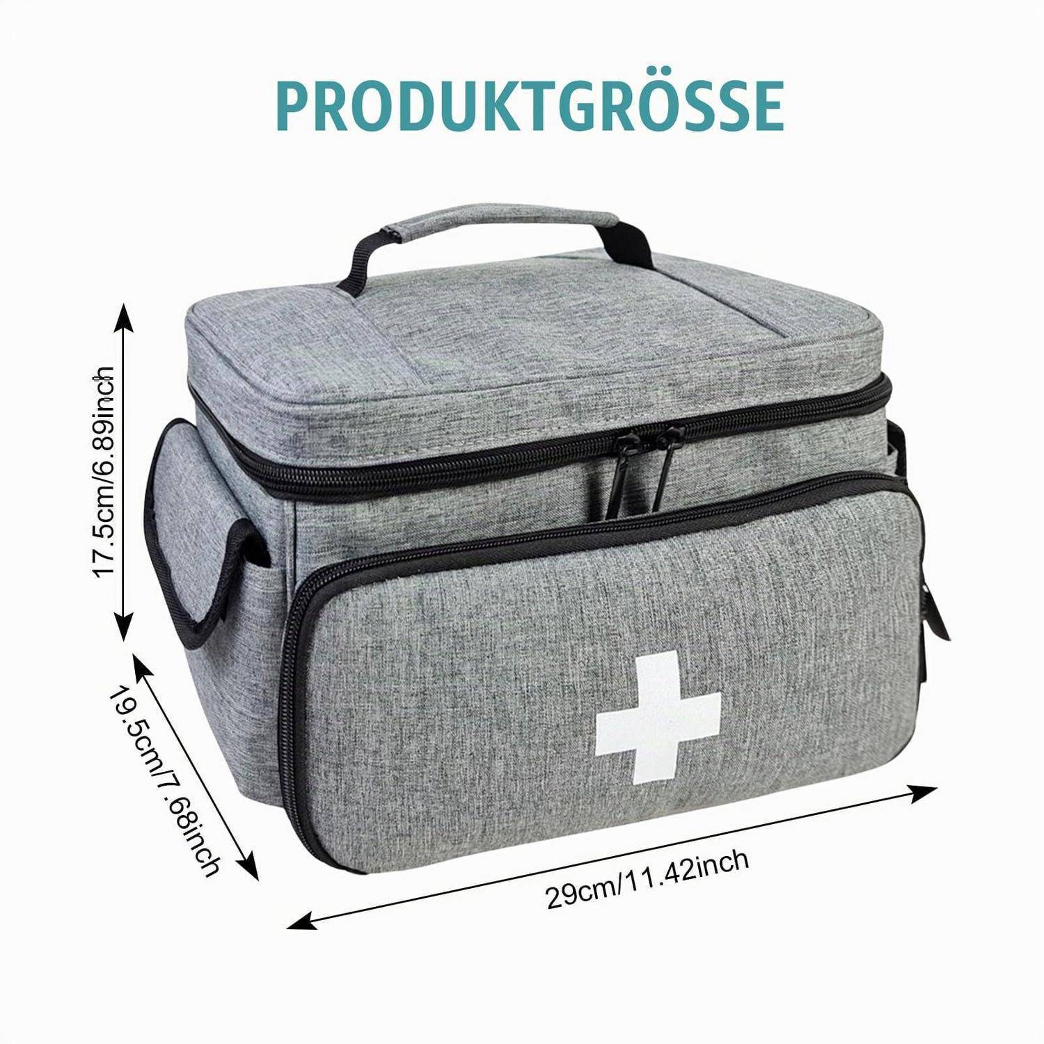 Graue Erste-Hilfe-Tasche mit weißem Kreuz, abgebildet mit Produktgrößenangaben: 29 cm breit, 19,5 cm tief, 17,5 cm hoch.