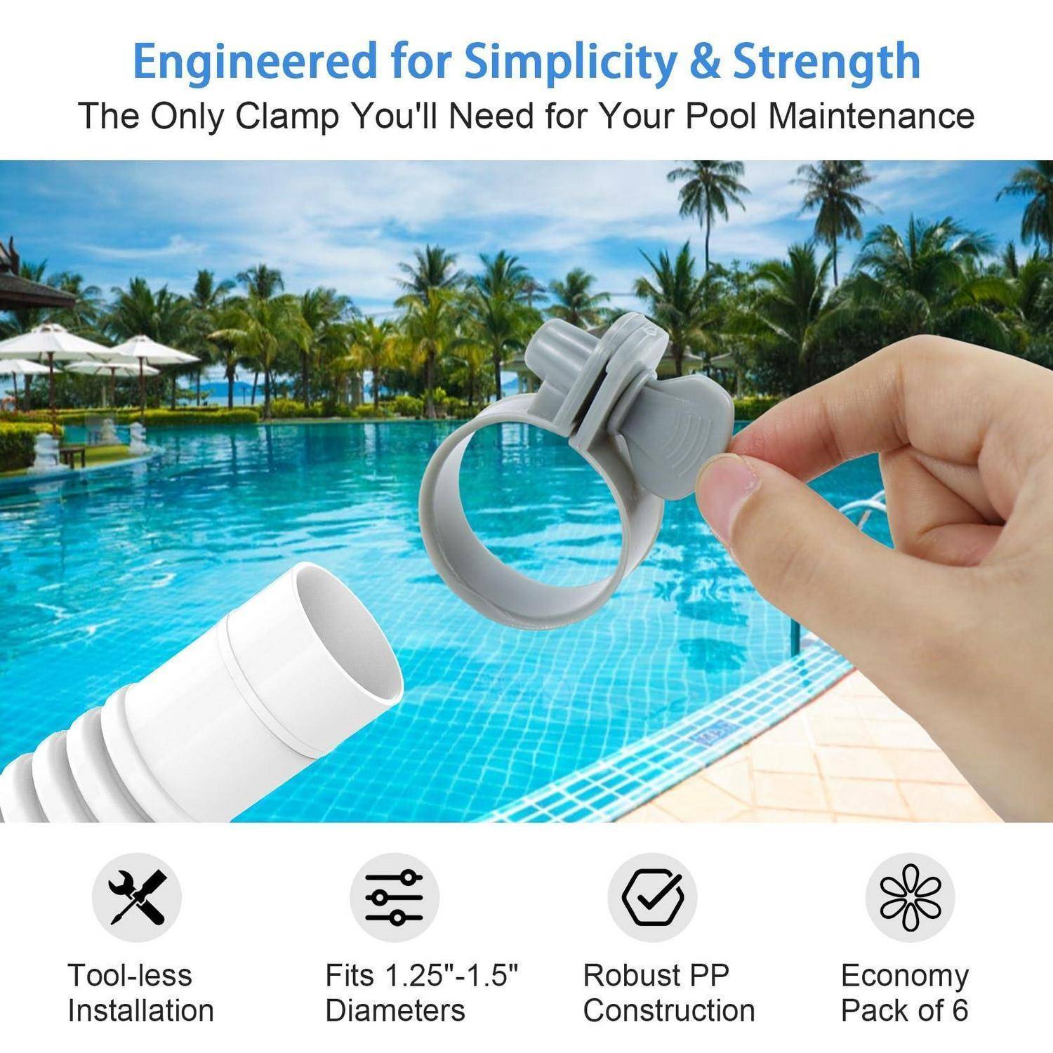 Werbebild einer Poolschlauchklemme, die von einer Hand gehalten wird, mit dem Text „Engineered for Simplicity & Strength