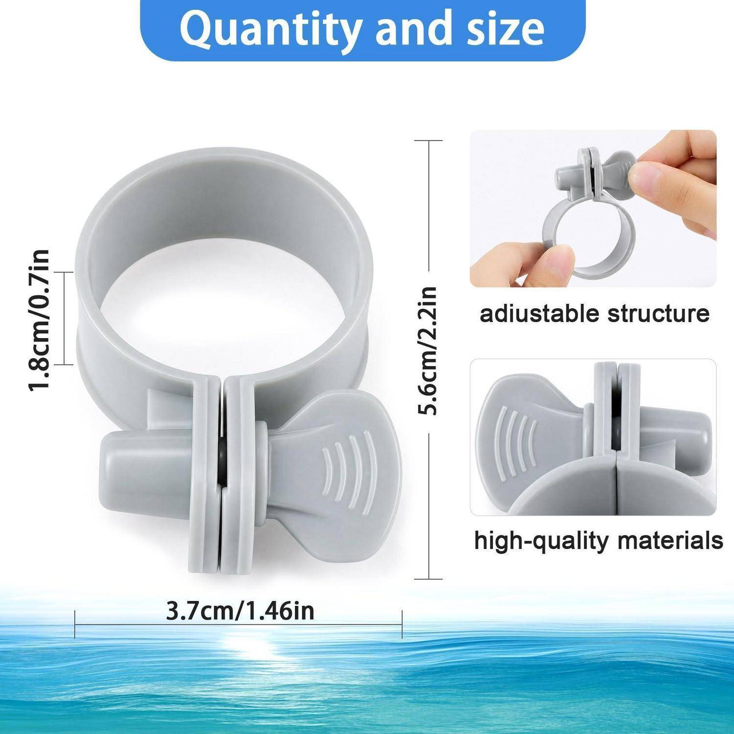 Produktgrößentabelle für einen grauen verstellbaren Clip-Ring: 5,6 cm hoch, 3,7 cm breit, 1,8 cm tief, mit Detailansichten zur Veranschaulichung der verstellbaren Struktur und der Materialqualität.