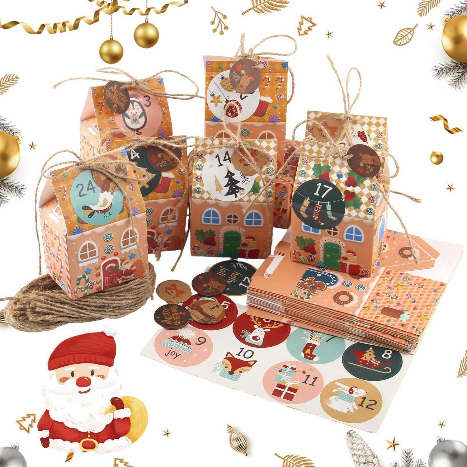 Weihnachtlich gestaltete Papierhäuser für einen Adventskalender mit nummerierten Anhängern, eine Weihnachtsmannfigur und Weihnachts-Countdown-Karten auf weißem Hintergrund.