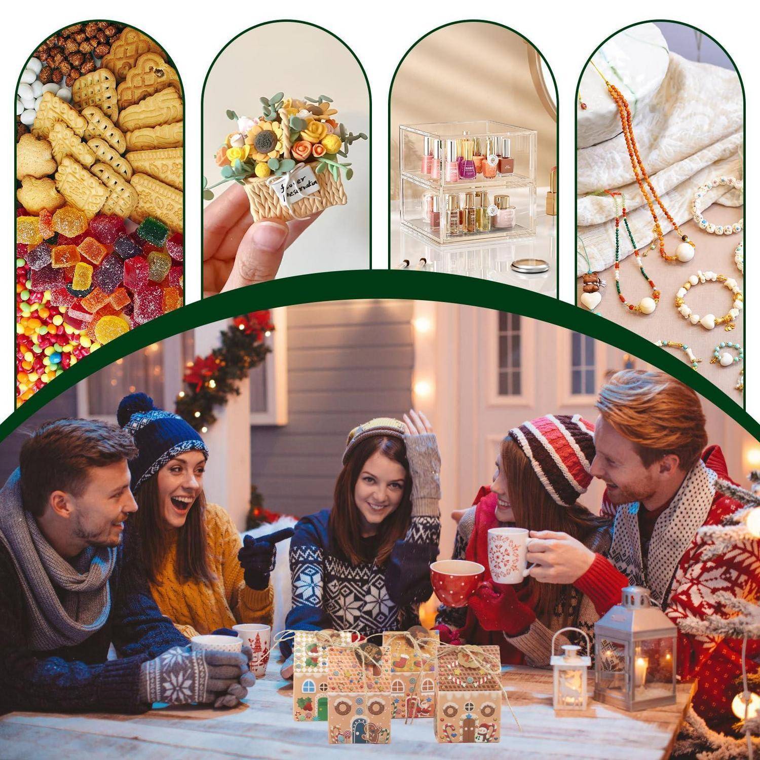 Freunde in Winterkleidung teilen Getränke an einem festlichen Tisch mit Geschenkboxen und Laternen; oben zeigen vier Felder verschiedene Weihnachtsgeschenkideen und Produkte.