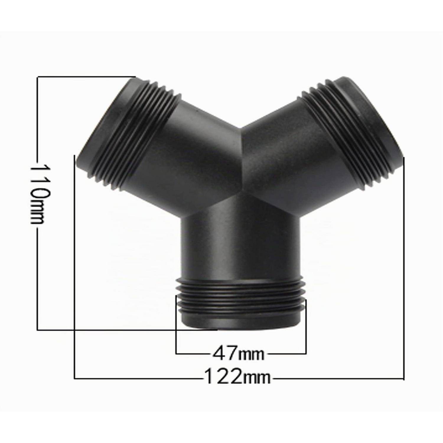 Schwarze Y-förmige Rohrverschraubung mit drei männlichen Enden, mit einer Höhe von 110 mm, einer Breite von 122 mm und einem unteren Durchmesser von 47 mm gekennzeichnet.