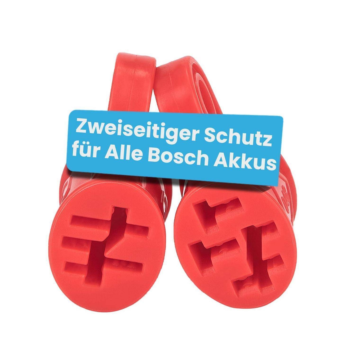 Zwei rote Bosch-Batterieklemmenabdeckungen mit blauem Etikett mit der Aufschrift „Zweiseitiger Schutz für Alle Bosch Akkus