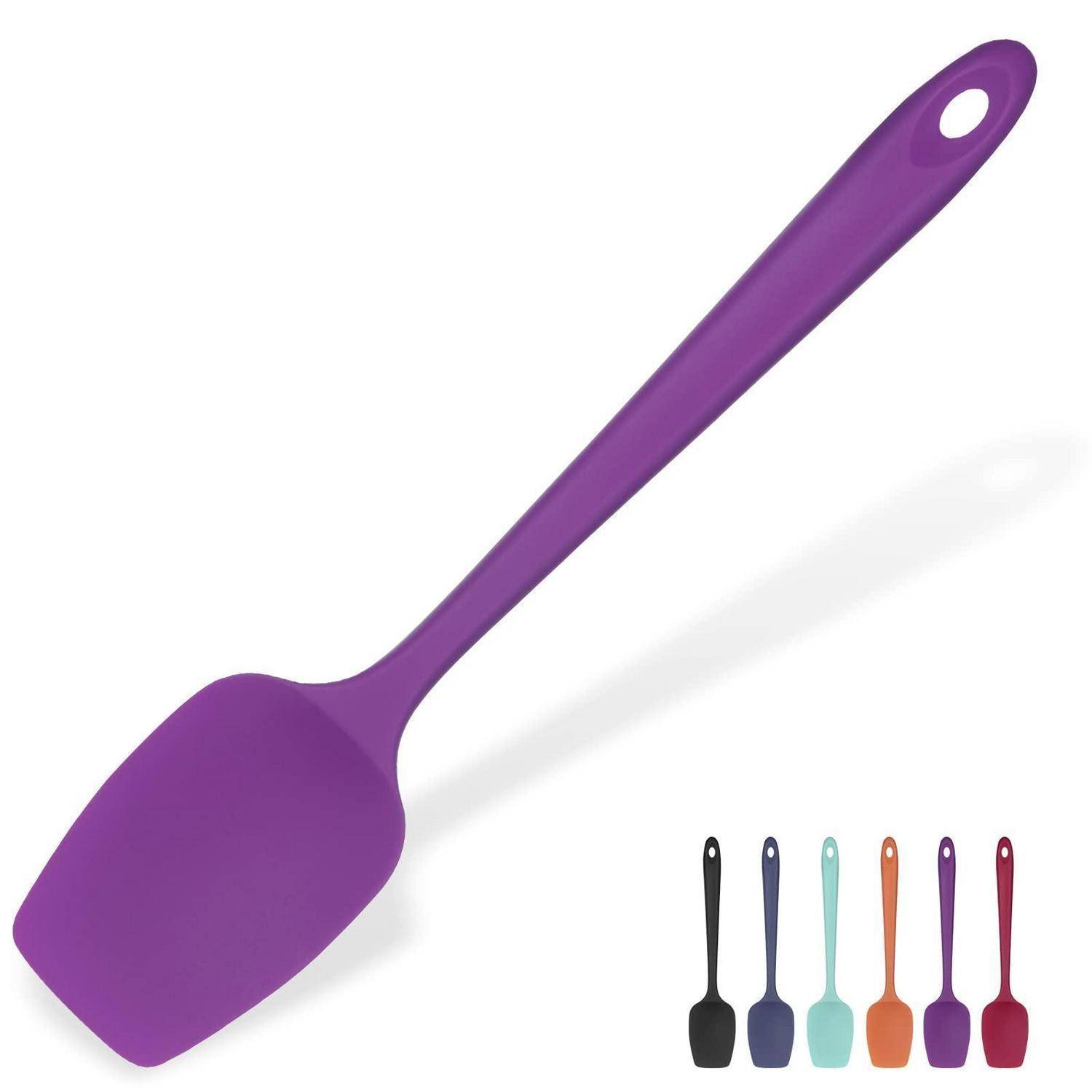 Violetter Silikonspatel mit langem Griff und Aufhängeloch, gezeigt mit einer Reihe von Farboptionen einschließlich Schwarz, Blau, Mint, Orange, Violett und Rot.