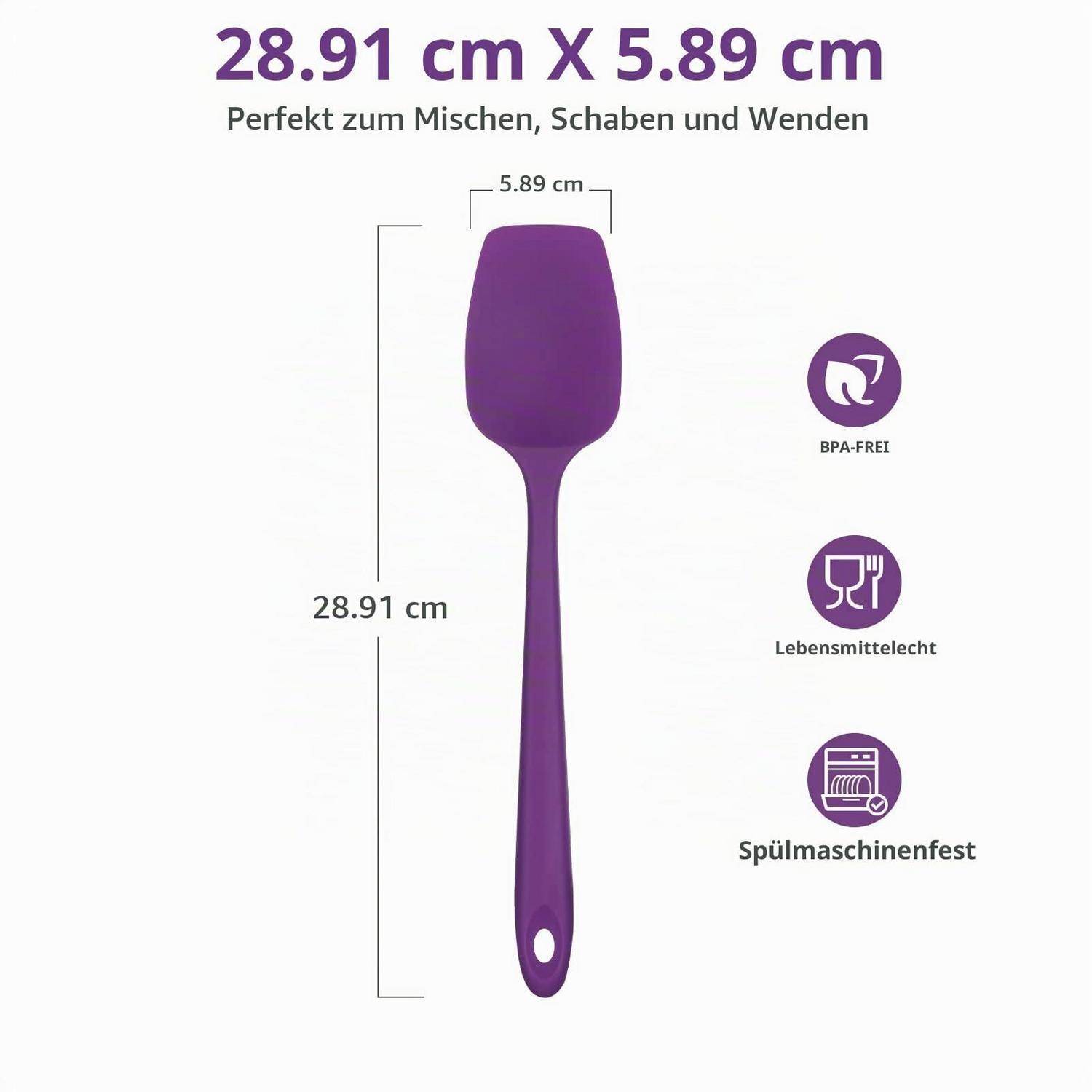 Violetter Silikonspatel mit Abmessungen von 28,91 cm x 5,89 cm, gekennzeichnet zum Mischen, Kratzen und Wenden; BPA-frei, lebensmittelsicher, spülmaschinenfest.
