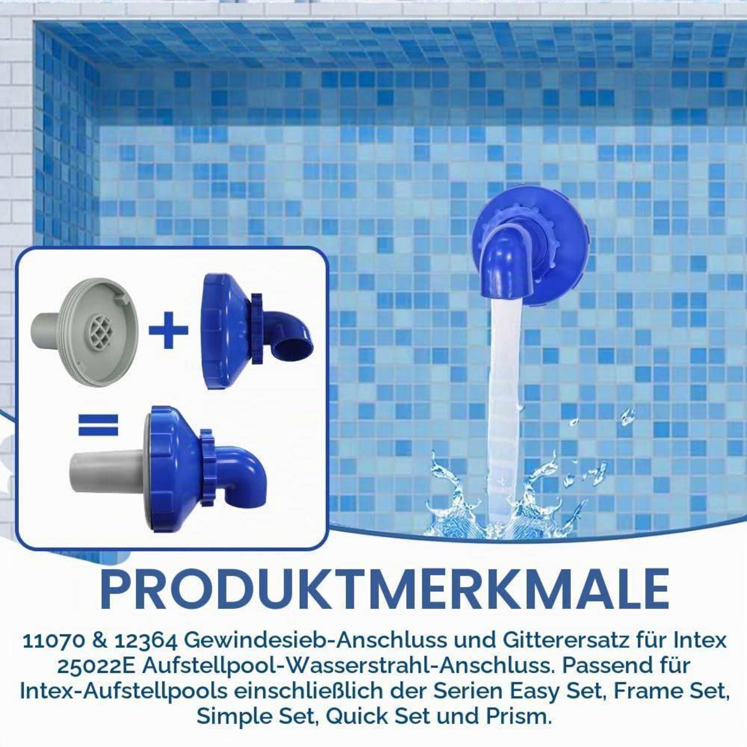 Werbegrafik mit einer blauen Poolwasser-Strahlarmatur und Ersatzsiebkomponente, gekennzeichnet mit „PRODUKTMERKMALE