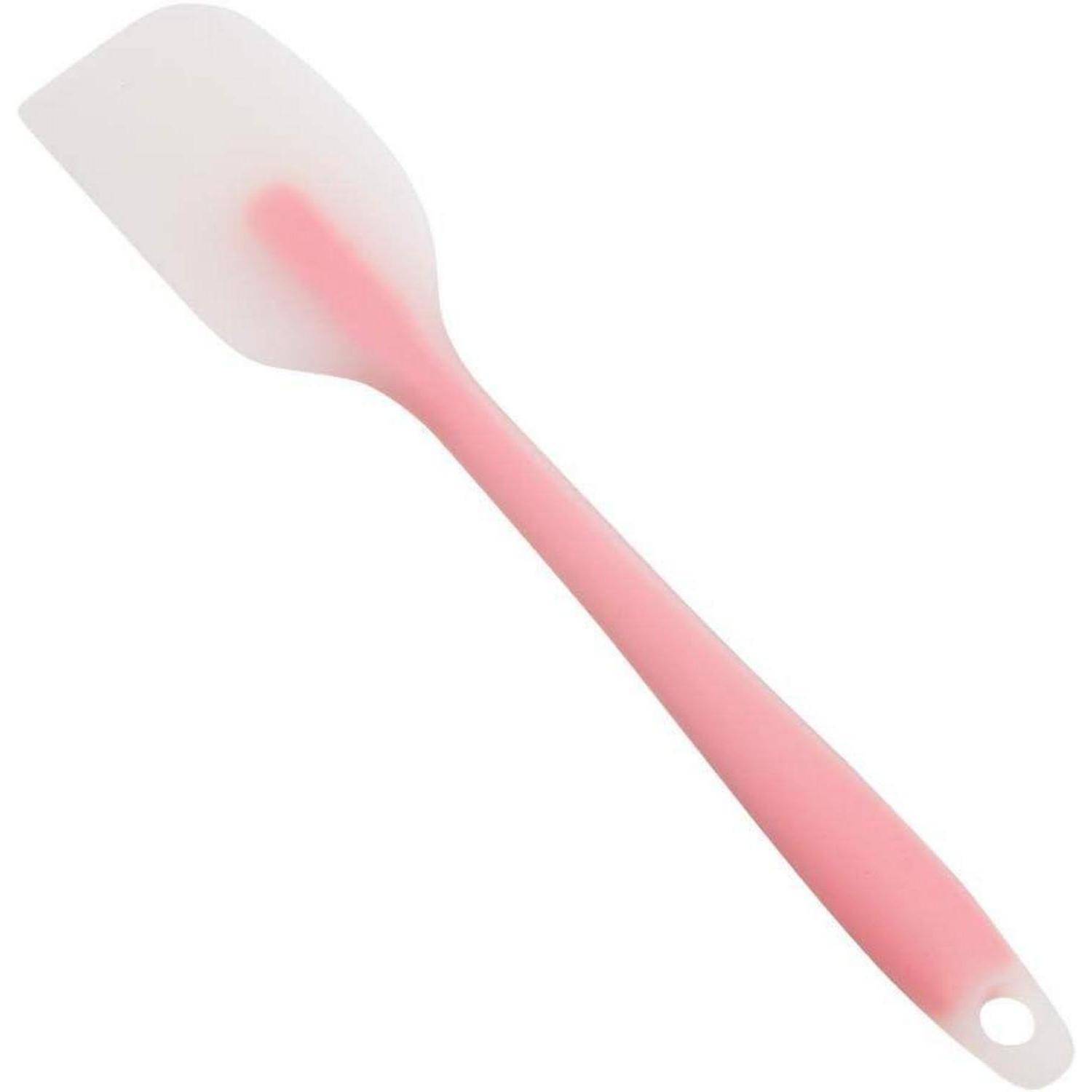 Rosa Silikonspachtel mit transparentem, flexiblem Kopf und Aufhängeloch am Griff, auf weißem Hintergrund dargestellt.