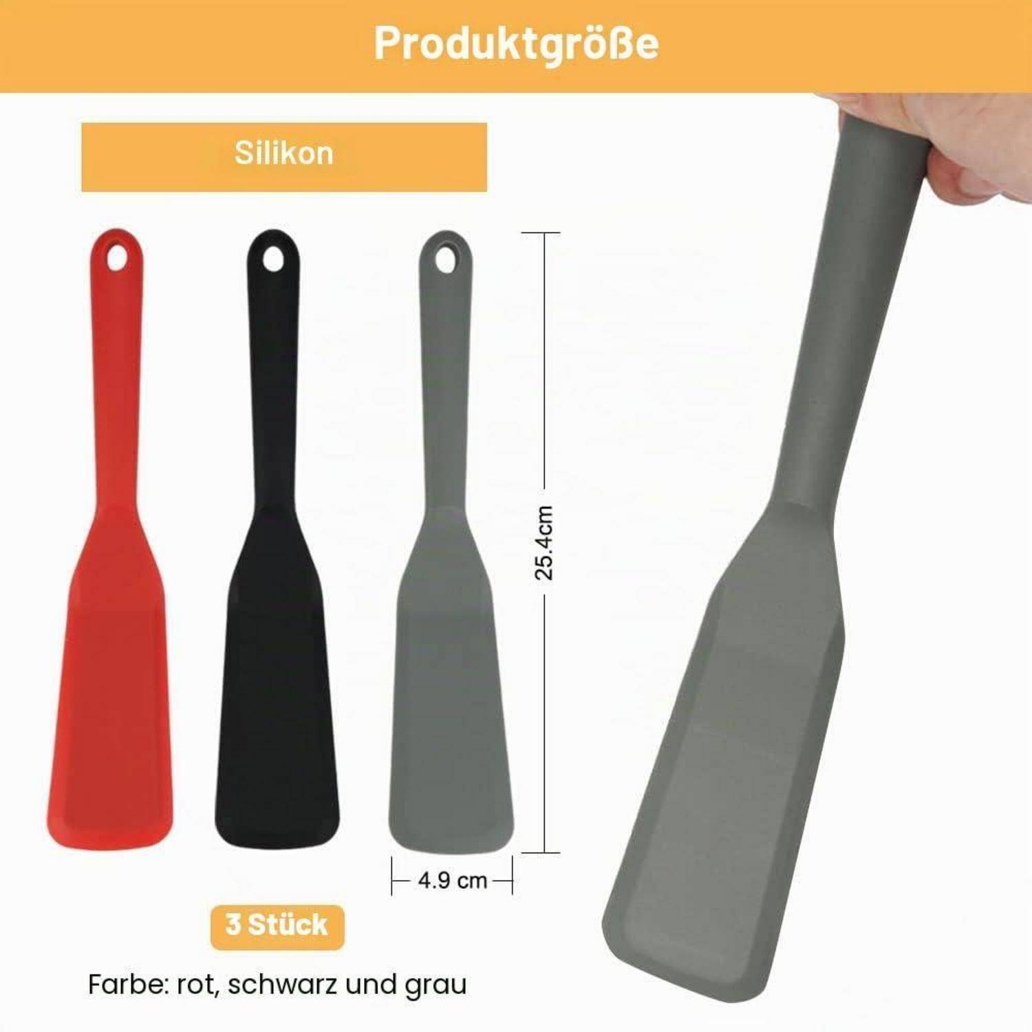 Größentabelle für Silikonspatel: 3 Stück in Rot, Schwarz und Grau, je 25,4 cm lang und 4,9 cm breit.