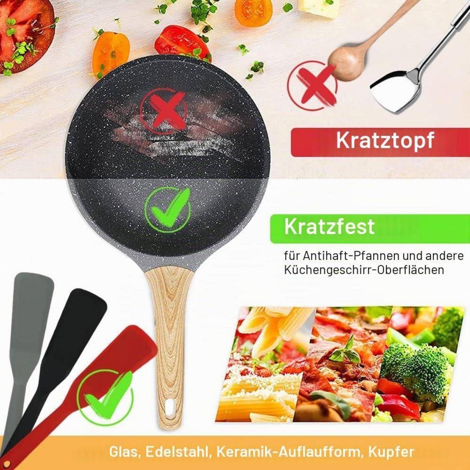 Deutsch-Anzeige für eine kratzfeste Bratpfanne: Beschädigte Pfanne mit der Bezeichnung „Kratztopf