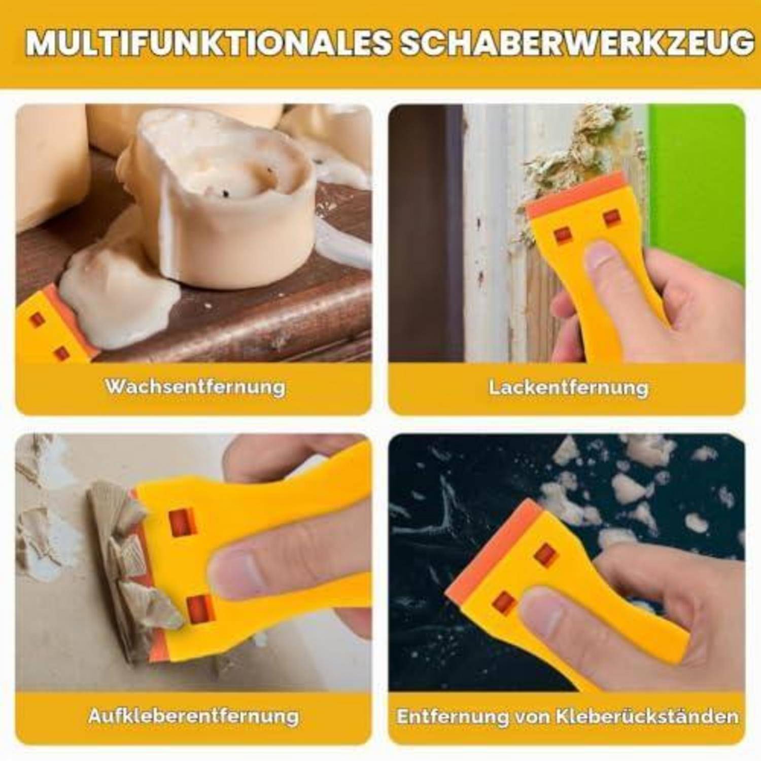 Eine Anzeige zeigt ein gelbes Multifunktions-Schaberwerkzeug, das Wachs, Farbe, Aufkleber und Klebstoffreste entfernt, mit deutschen Beschriftungen für jeden Verwendungszweck.