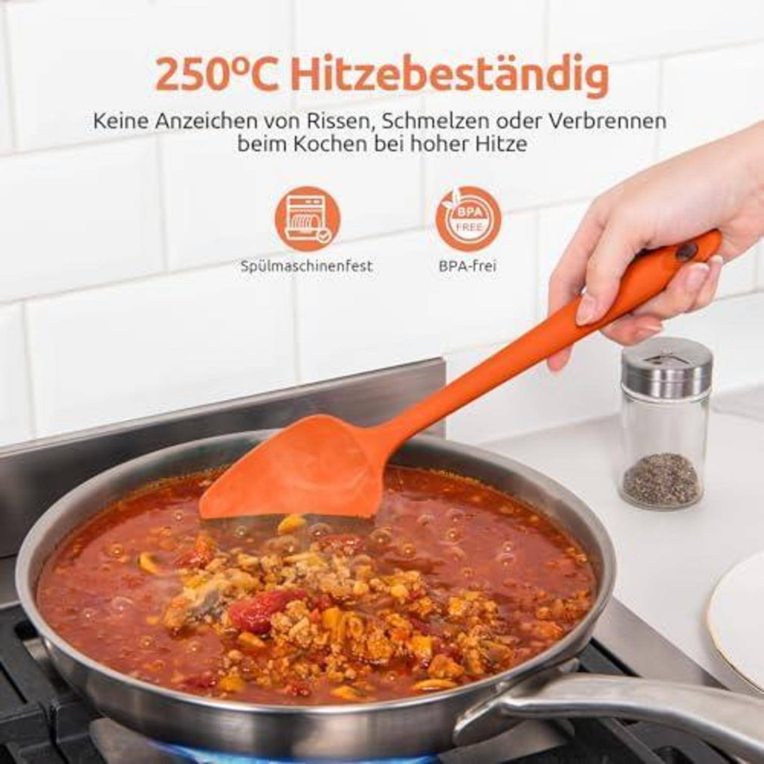 Orange-Spatel rührt eine Pfanne mit köchelnder Fleischsoße, mit deutschem Text wirbt für 250°C Hitzebeständigkeit, spülmaschinenfest und BPA-frei.