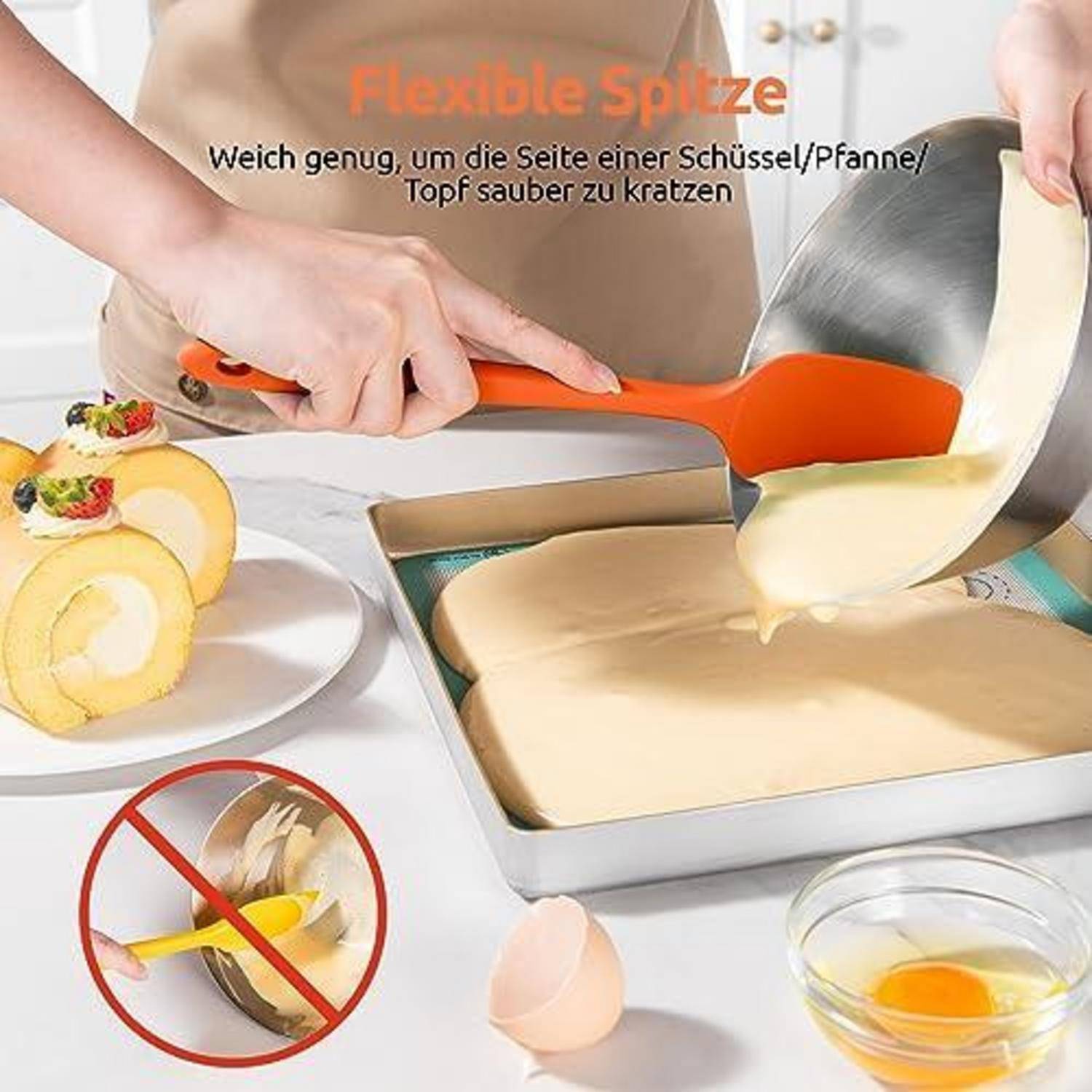 Person verwendet einen flexiblen orangen Spatel, um Kuchenteig aus einer Schüssel in eine Backform zu kratzen; der deutsche Text sagt, dass er Töpfe und Pfannen gut reinigt.