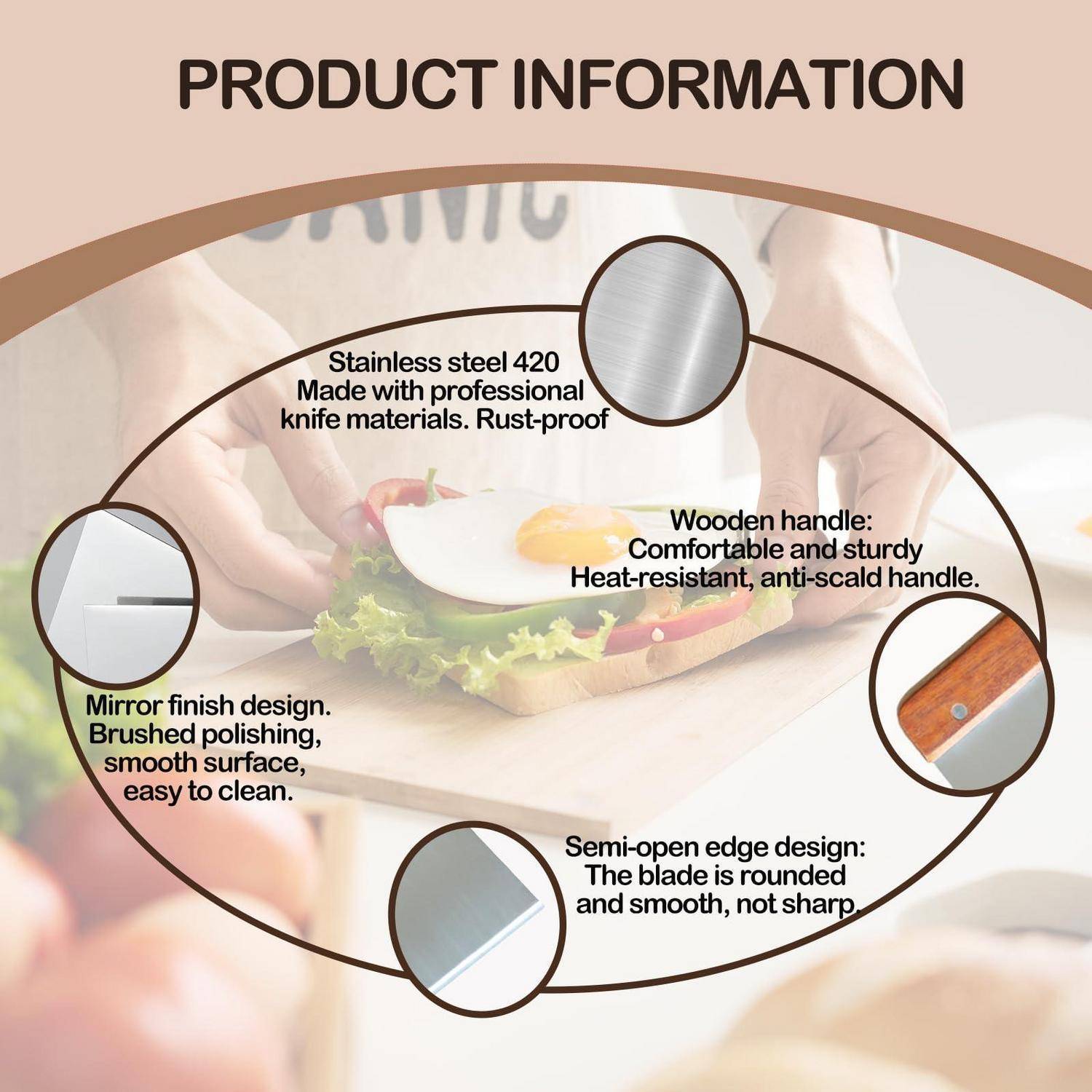 Produktinformationen-Infografik mit einem Edelstahlmesser 420 mit Spiegelfinish, Holzgriff und halboffener abgerundeter Kante; vermerkt rostfrei, leicht zu reinigen und hitzebeständiger Griff.