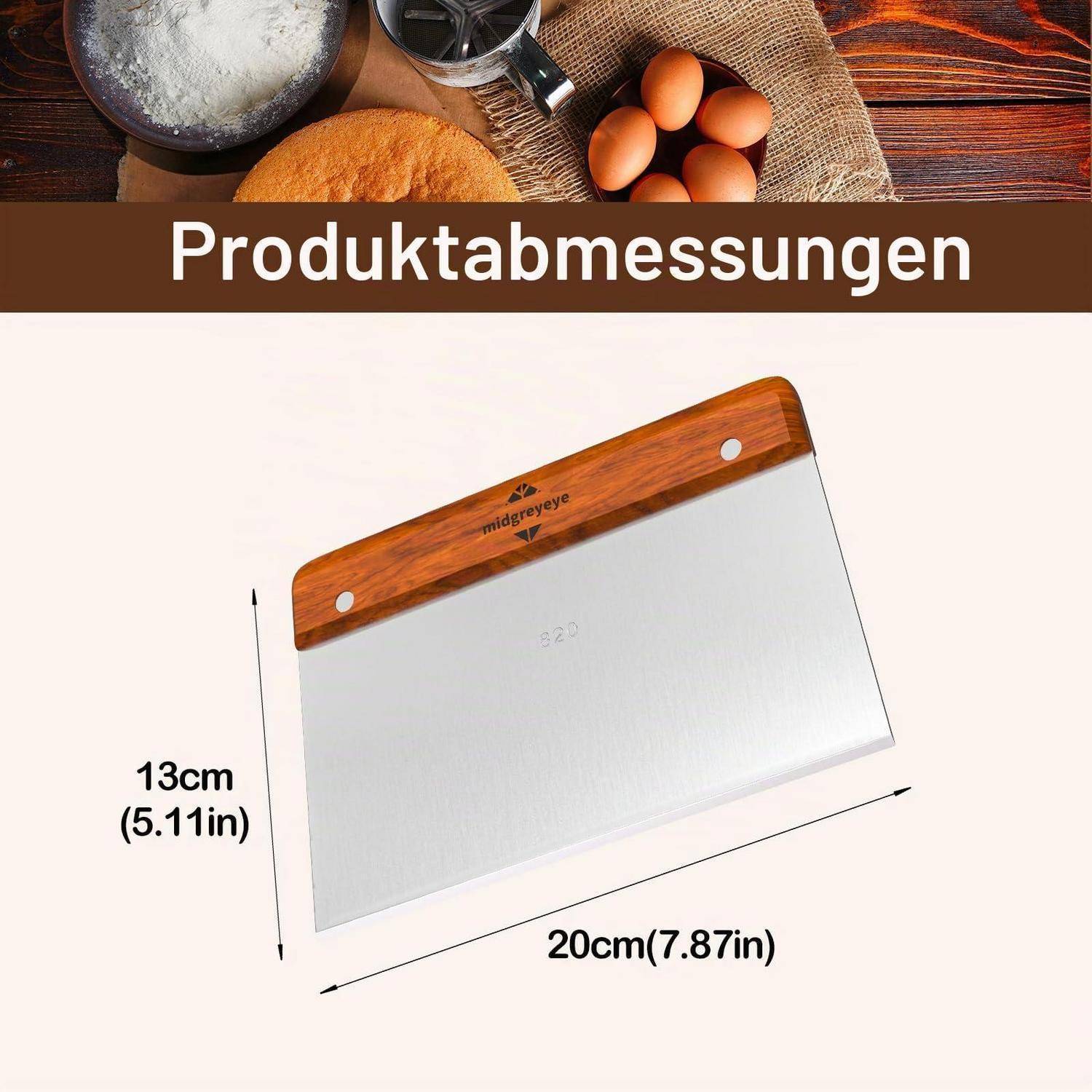 Produktmessungen für einen Teigschaber: 20 cm breit und 13 cm hoch, gezeigt mit einem Holzgriff und einer Metallklinge.