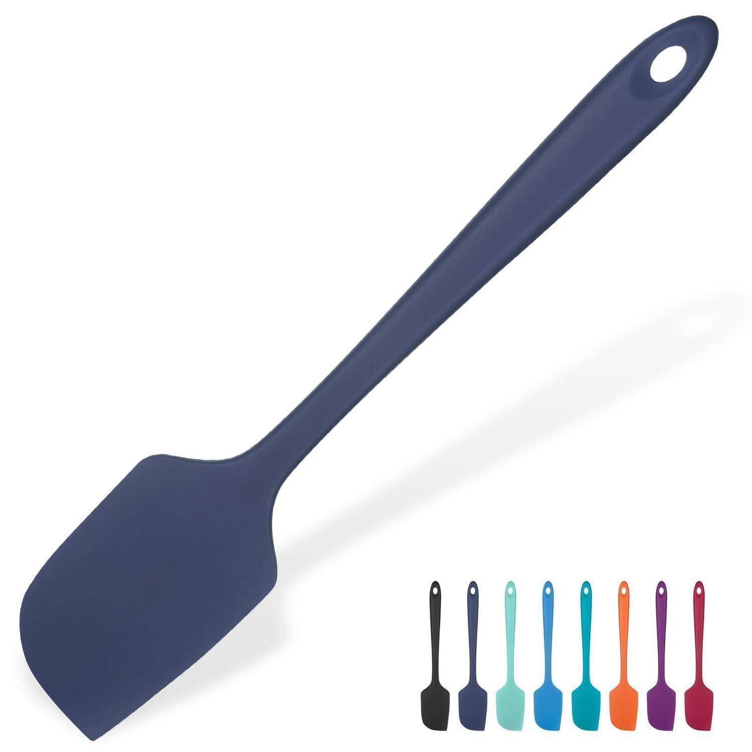 Blaue Silikonspachtel mit langem Griff und Aufhängeloch, gezeigt mit kleinen Farbmustern der gleichen Spachtel in mehreren Farben.