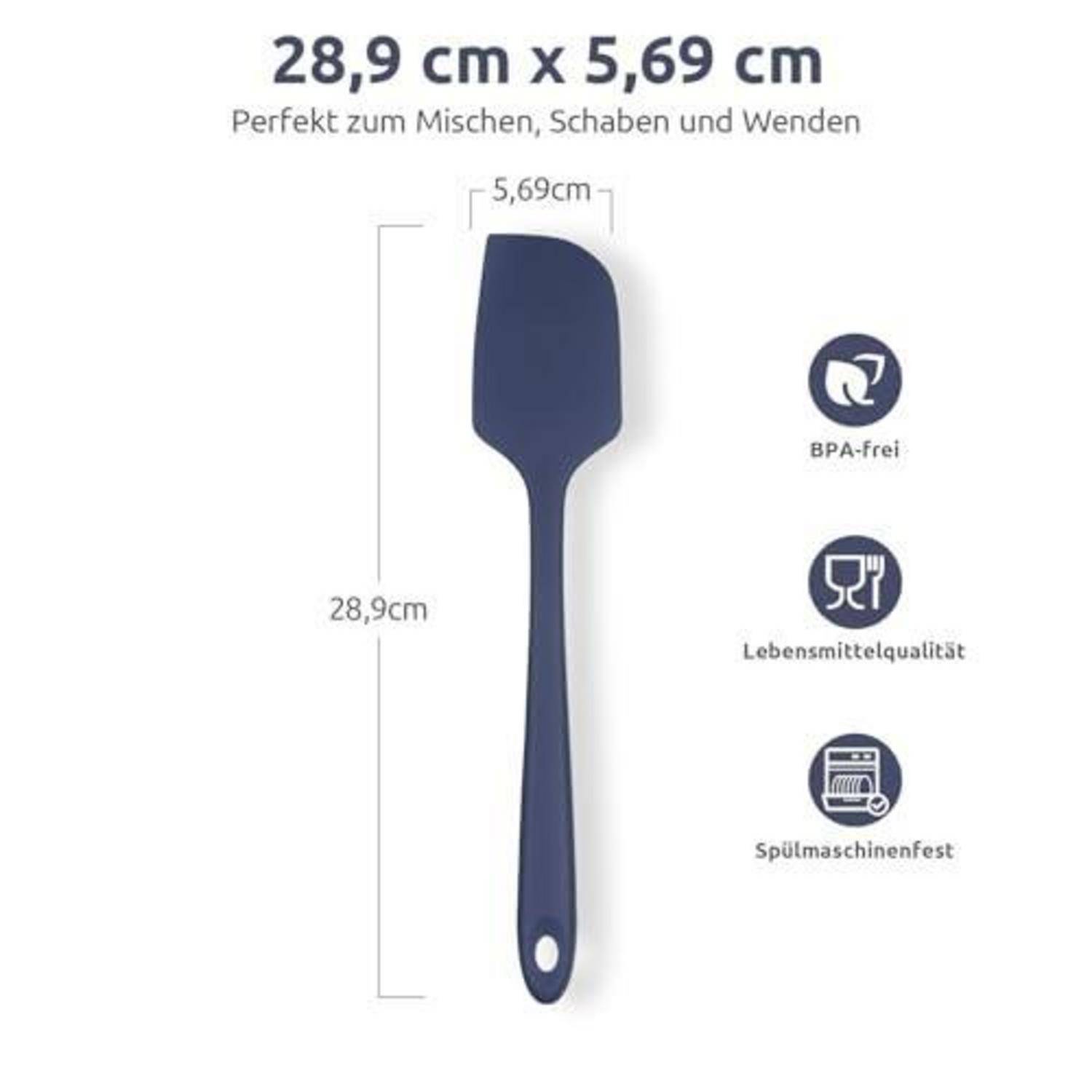 Spatelabbildung mit Größenangabe 28,9 cm x 5,69 cm; Etiketten weisen auf BPA-frei, lebensmittelsicher und spülmaschinenfest hin.