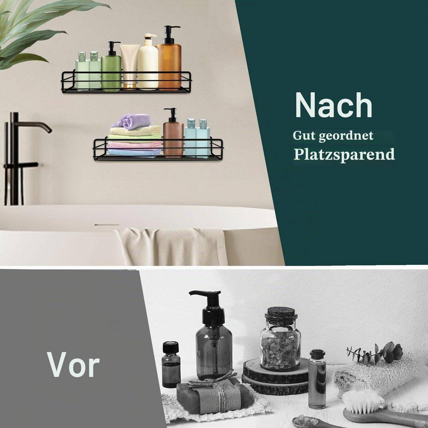 Vorher-und-Nachher-Badezimmer-Regalorganisation: „Vorher" zeigt ungeordnete Toilettenartikel auf einer Arbeitsplatte; „Nachher"" zeigt ordentlich angeordnete Produkte auf Wandregalen und spart dabei Platz.