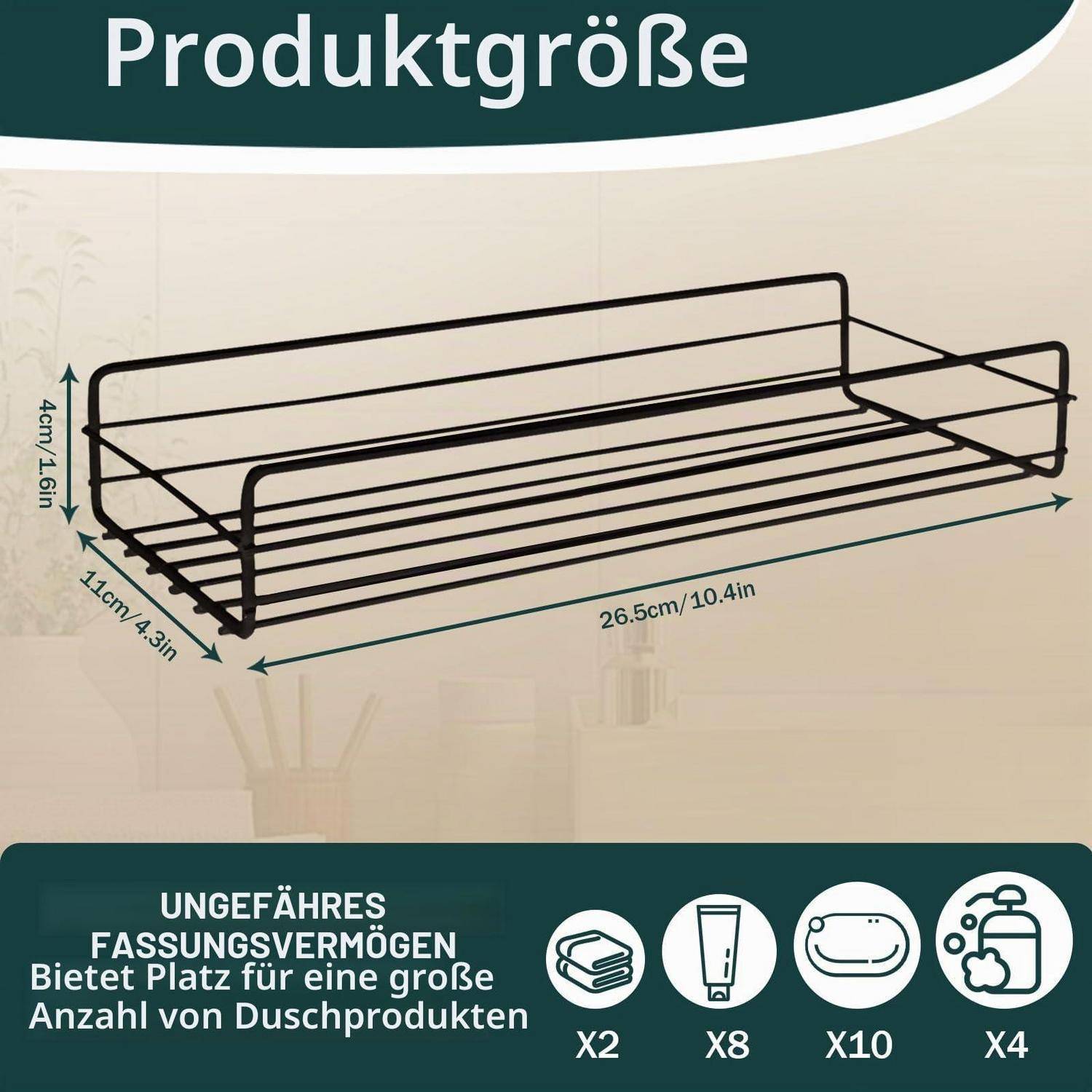 Produktgrößendiagramm für ein Draht-Duschablage: 28,5 cm lang, 11 cm breit, 4 cm hoch; fasst viele Duschartikel, mit Symbolen, die Mengen anzeigen.