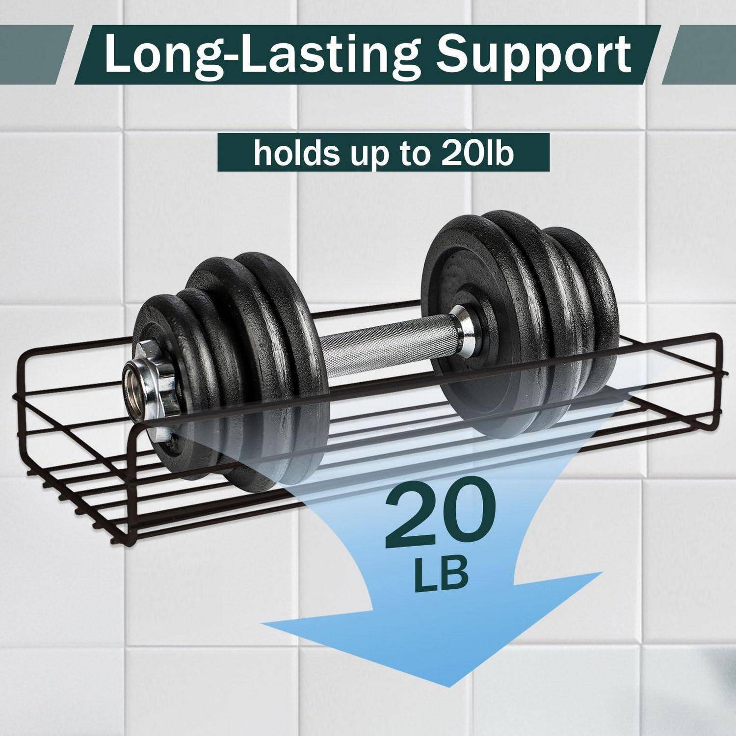 Wandmontiertes Metallregal unter Hanteln, mit den Aufschriften „Langlebige Unterstützung" und „trägt bis zu 20 lb"" mit einem Pfeil für 20 LB.