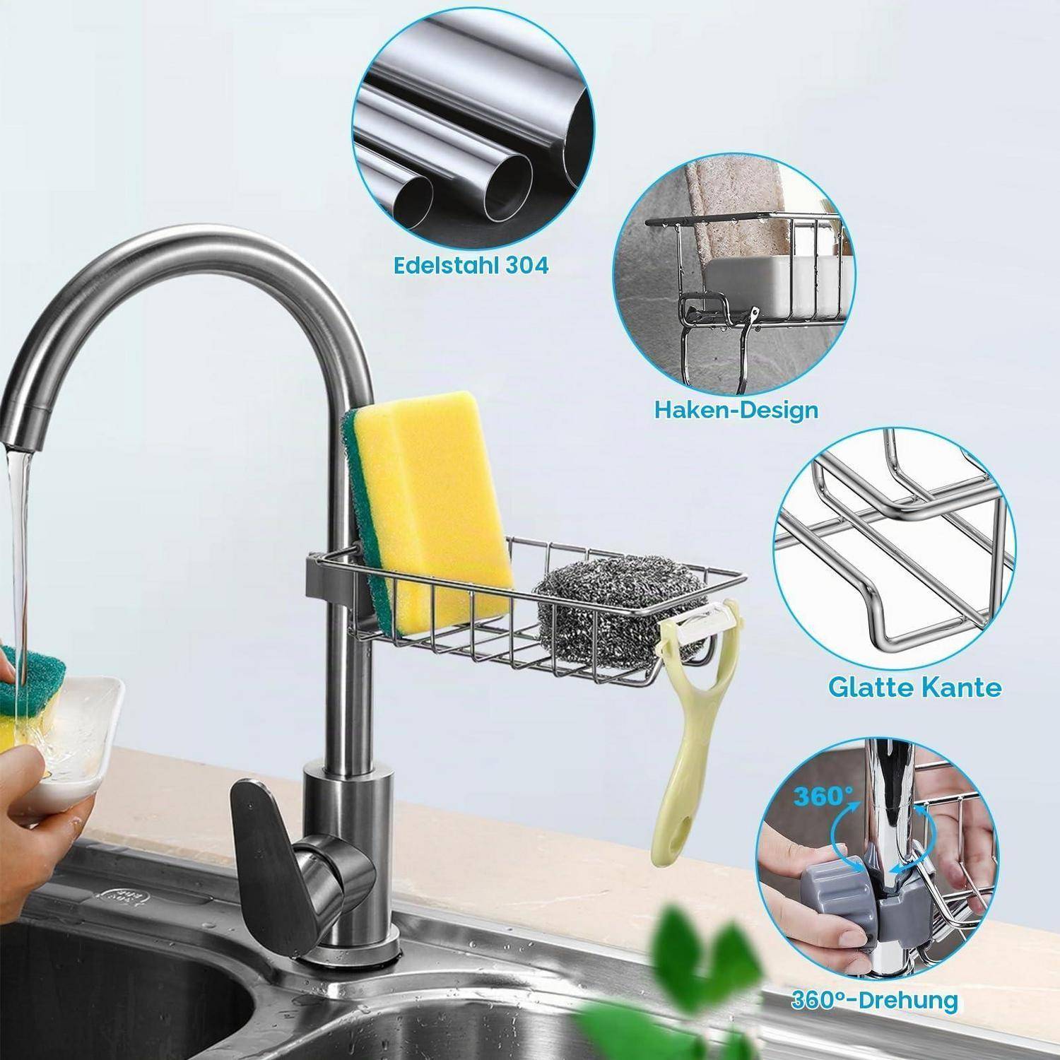 Küchenspülbecken-Caddy am Wasserhahn befestigt, mit Schwamm und Scheuerbürste, mit deutschen Beschriftungen, die 304er Edelstahl, Hakenkonstruktion, glatte Kanten und 360°-Rotation hervorheben.