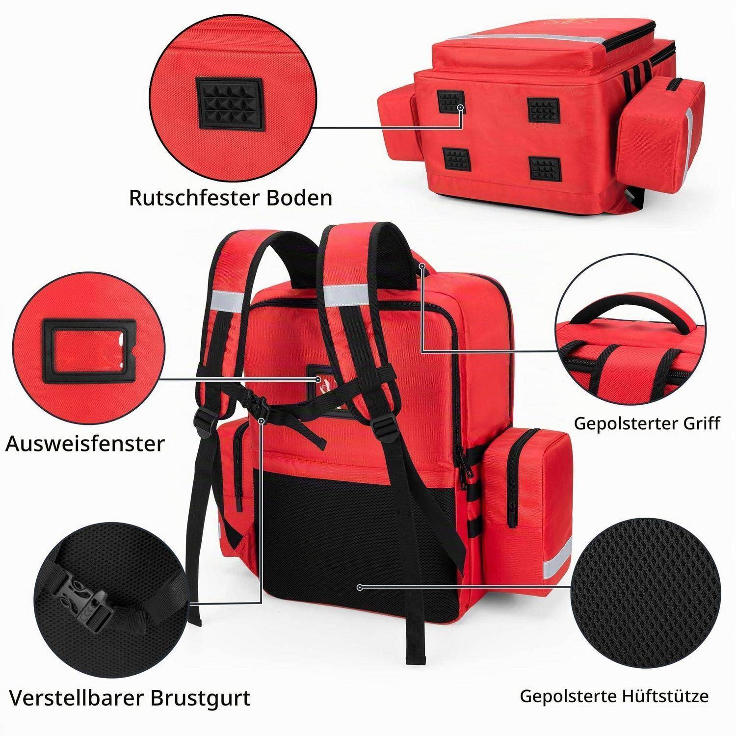 Trunab Notfallrucksack leer Rot 34x20x46cm mit vielen Taschen