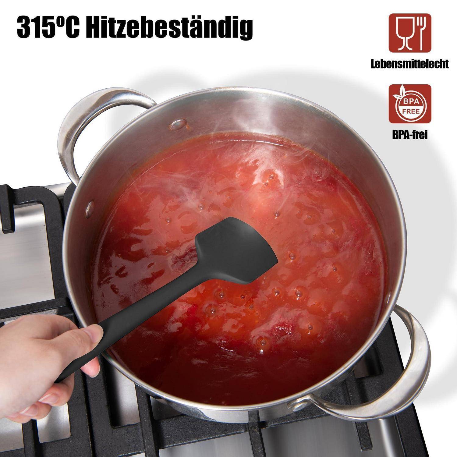 Schwarzer Spatel rührt rote Soße in einem Topf auf einer Kochplatte; deutscher Text sagt „315°C Hitzebeständig