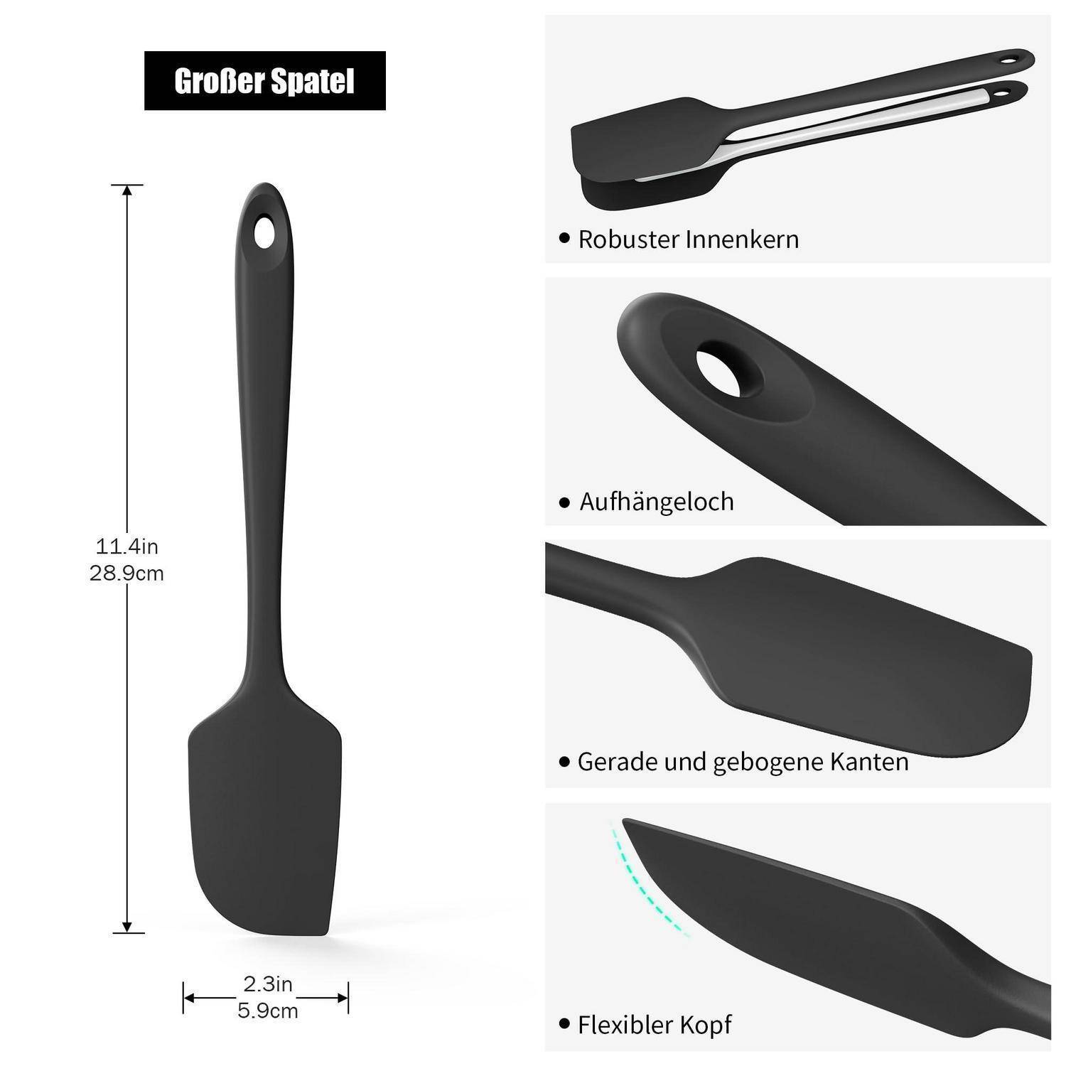 Produktdiagramm eines großen schwarzen Spatels mit der Bezeichnung „Großer Spatel