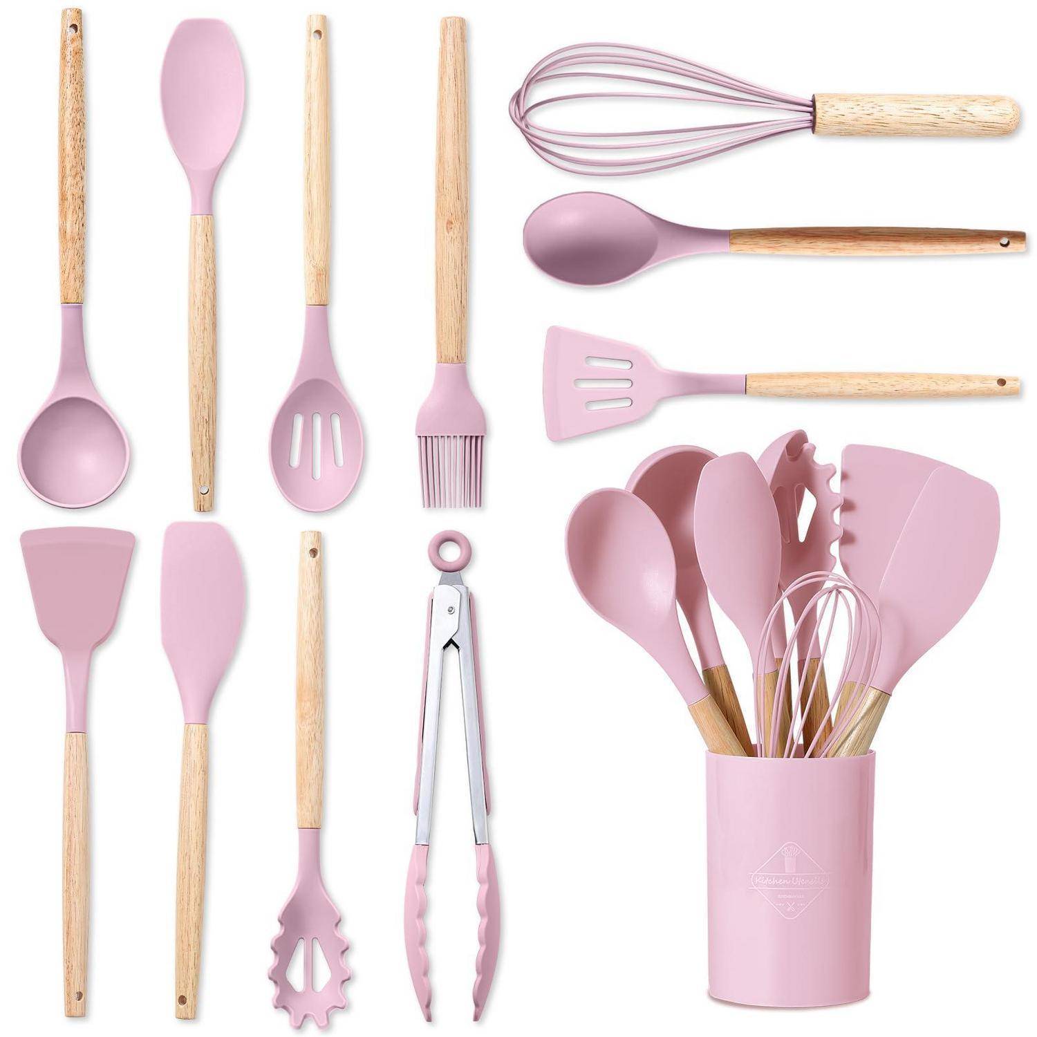 Set aus rosa Silikon- und Holzküchenutensilien, bestehend aus Löffeln, Spachteln, Schneebesen, Pinsel, Pastierspaten und Zange, mit rosa Behälter.