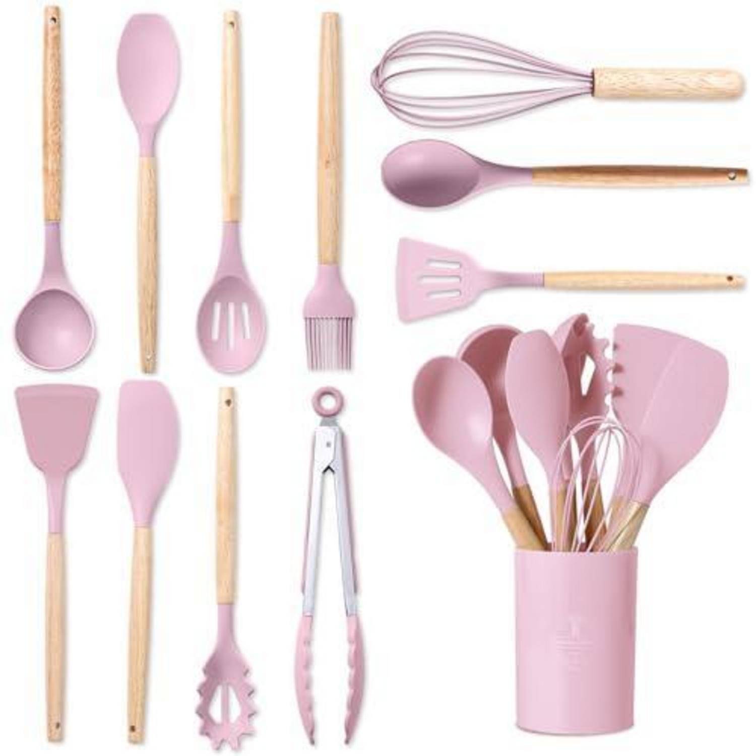 Rosa Silikon- und Holz-Küchengeräte-Set mit Löffeln, Spachteln, Schneebesen, Pinsel, Zange und Pastaheber in einem rosa Ständer.