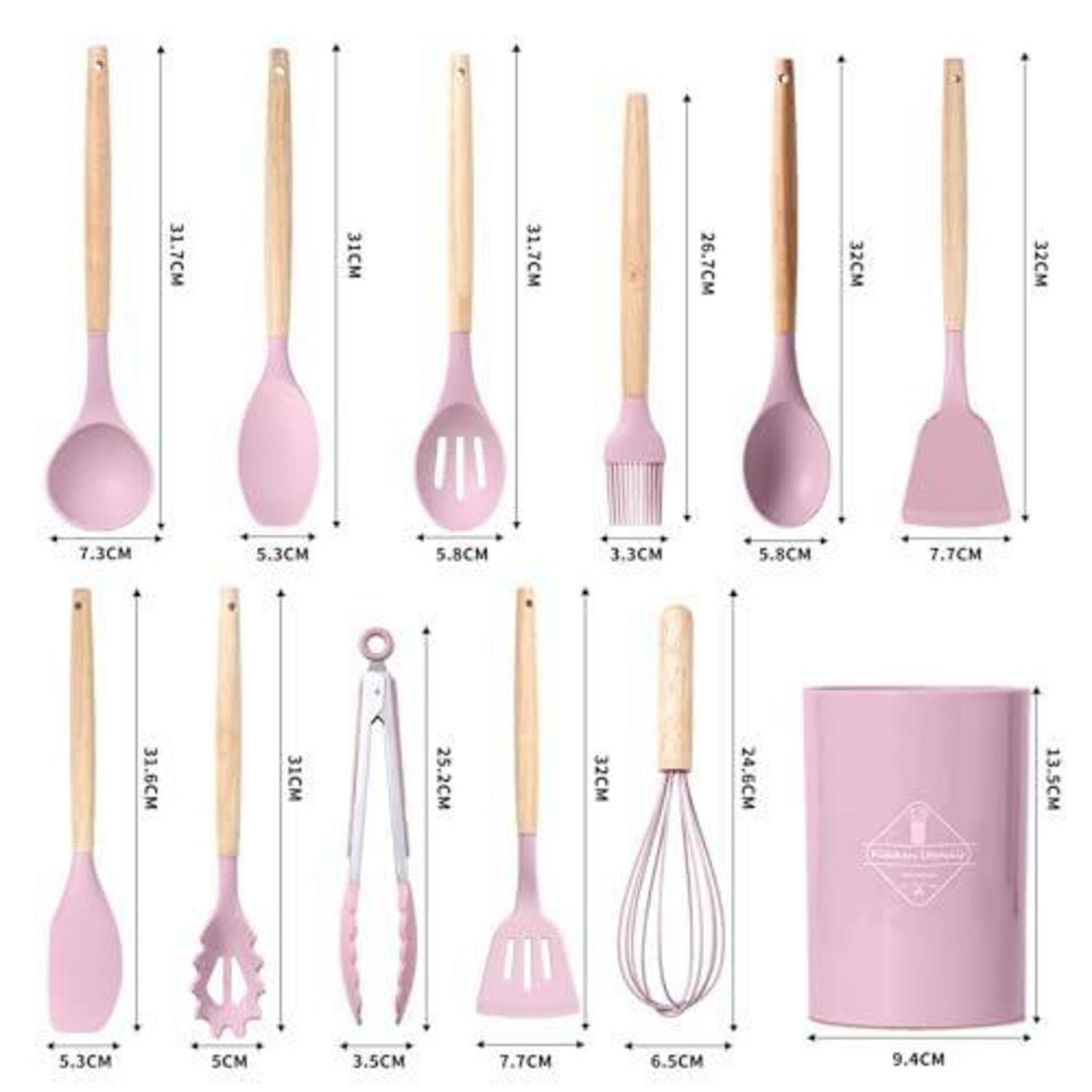 Satz aus rosa Silikon-Küchenutensilien mit Holzgriffen, einschließlich Löffeln, Spachteln, gelochten Wendern, Schneebesen, Zangen und einem Halter, jeweils mit Abmessungen in cm gekennzeichnet.