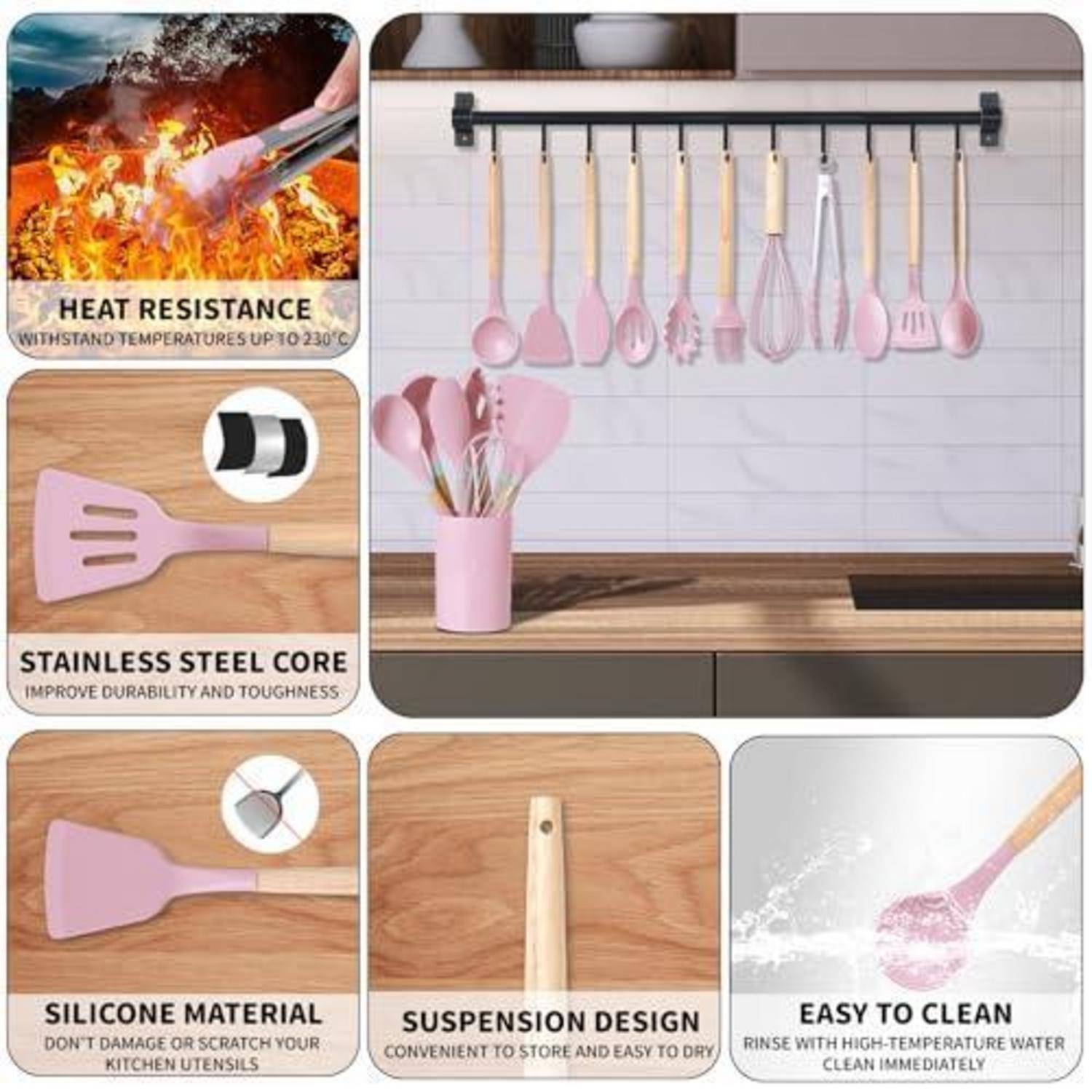 Rosa Küchengeräte-Set an einer Wandleiste aufgehängt, mit Beschriftungen, die Wärmebeständigkeit, Edelstahlkern, Silikon-Material, Aufhängungsdesign und einfache Reinigung zeigen.