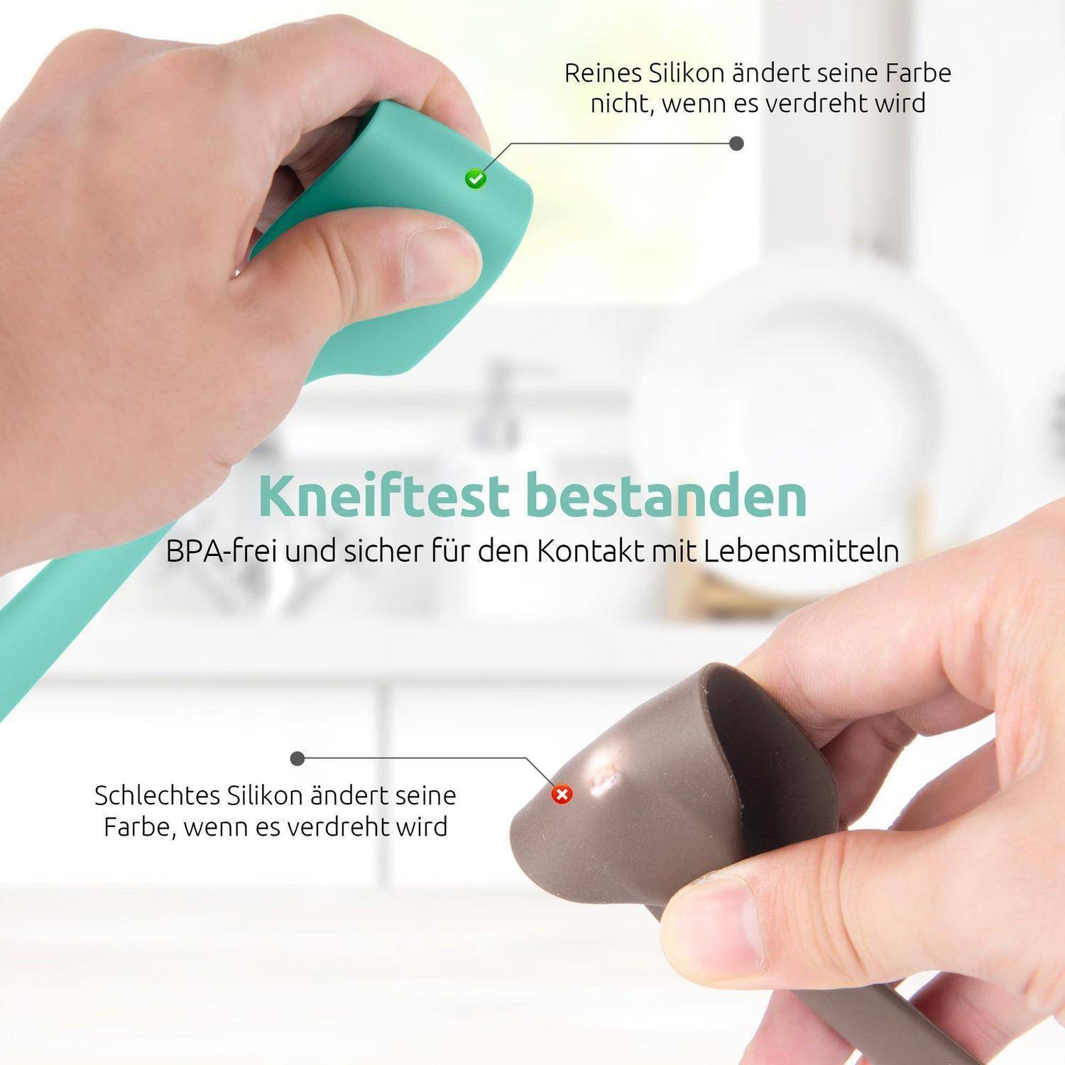 Deutsches Produktgrafik-Vergleich der Silikonqualität durch Verdrehtest: gutes Silikon bleibt grün und besteht den Test, schlechtes Silikon verfärbt sich; BPA-frei und lebensmittelsicher.