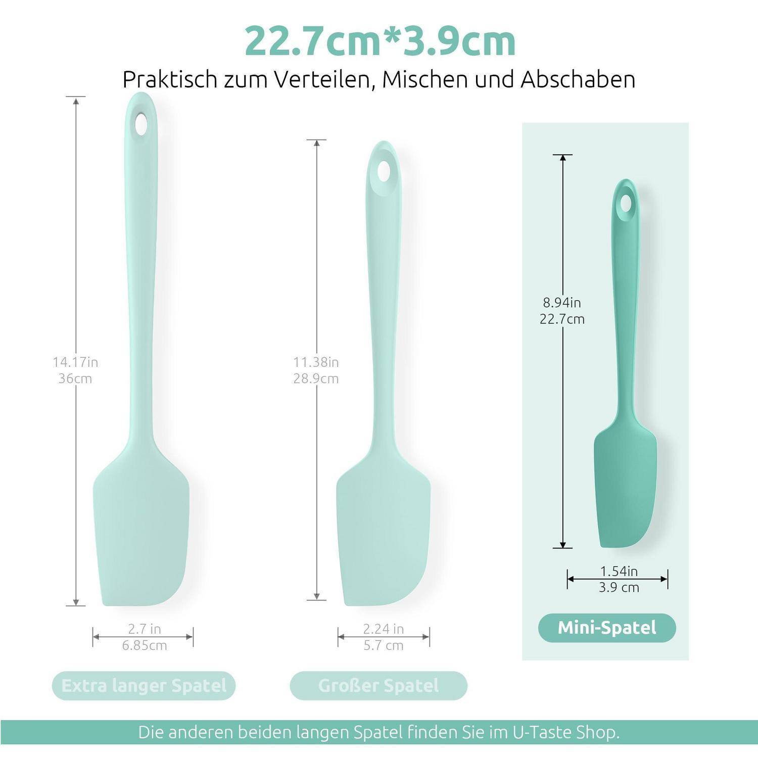 Produktgrößenvergleich für einen Minz-Spatel: Extra lang 36 cm, Groß 28,9 cm, Mini 22,7 cm, beschriftet zum Mischen und Kratzen.