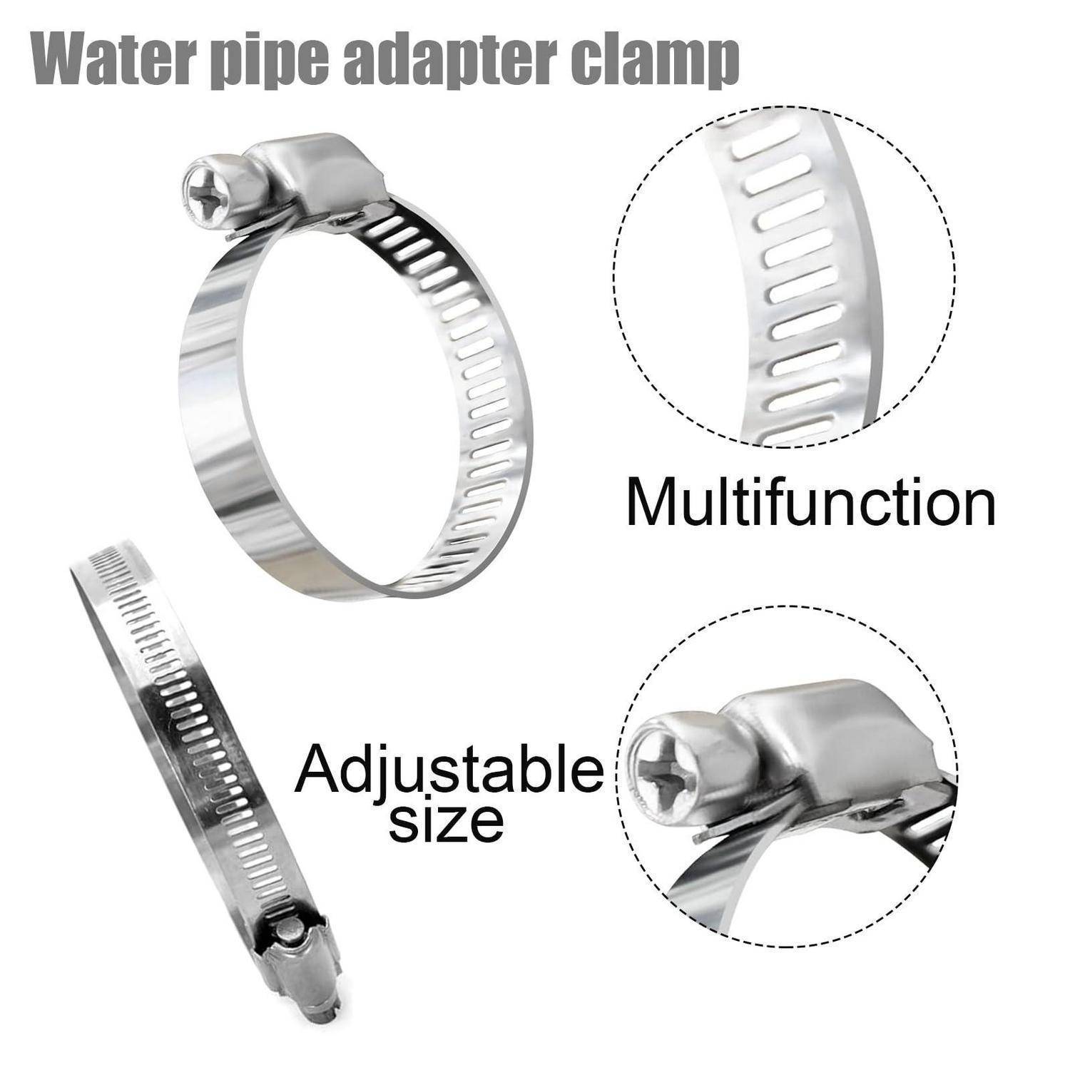 Produktbild einer Metallwasserrohr-Adapterklemme mit verstellbarer Größe, dargestellt in Nahaufnahmen mit den Bezeichnungen „Multifunktion